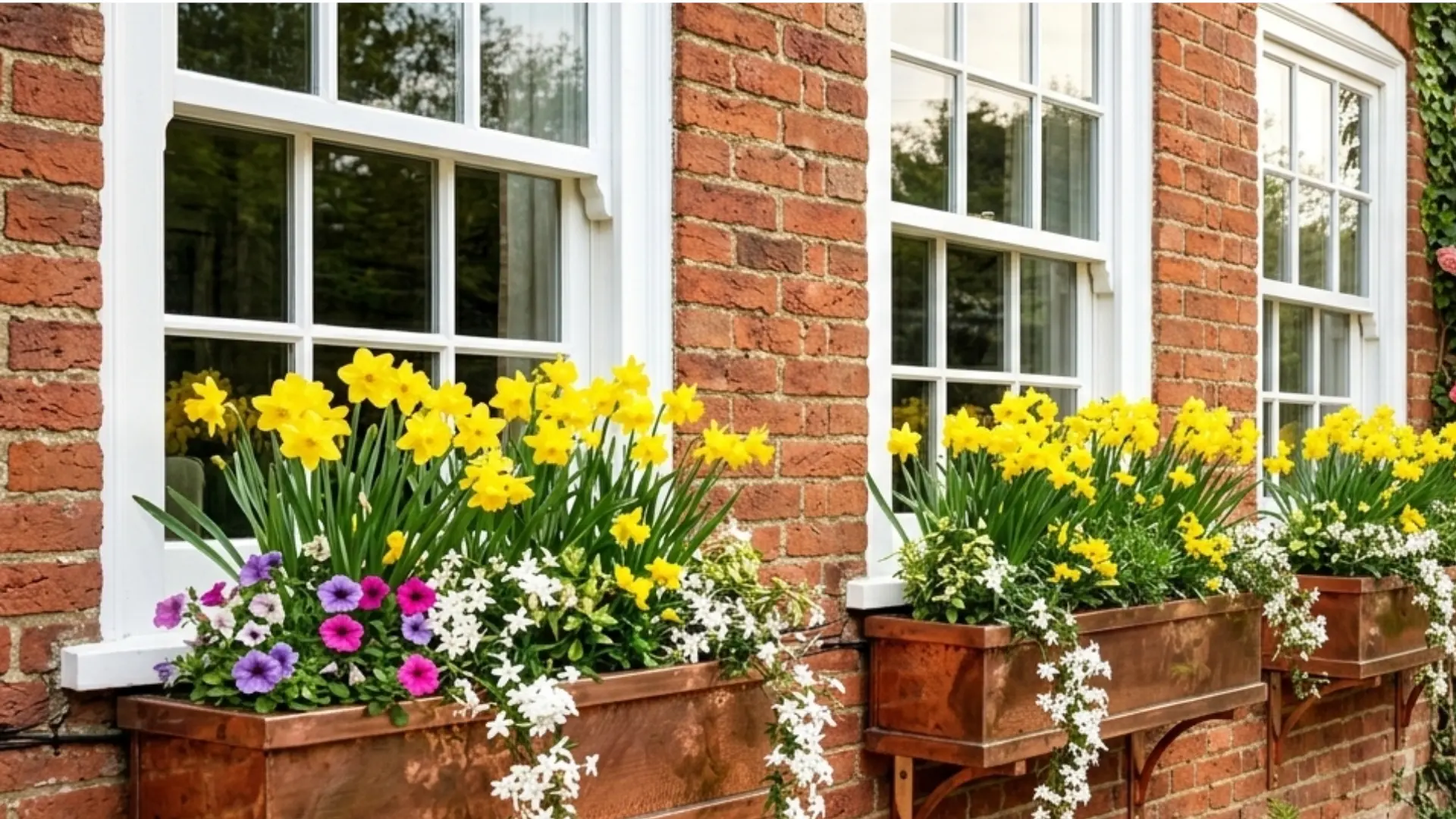 Three flower boxes filled with daffodils adorn the side of a brick building, enhancing its English cottage style