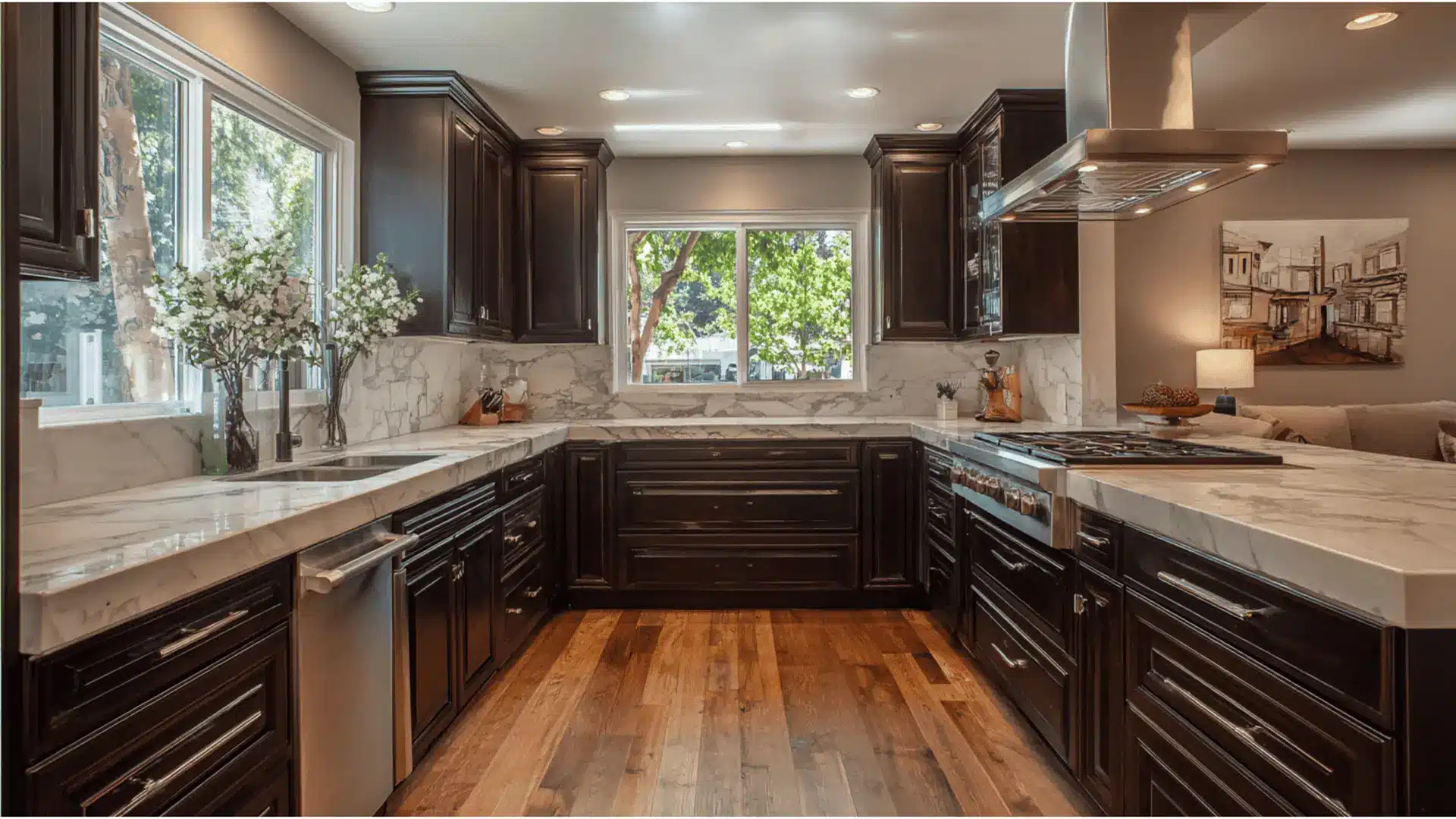 u shaped kitchen dark espresso cabinets marble countertops wood flooring and stainless steel appliances