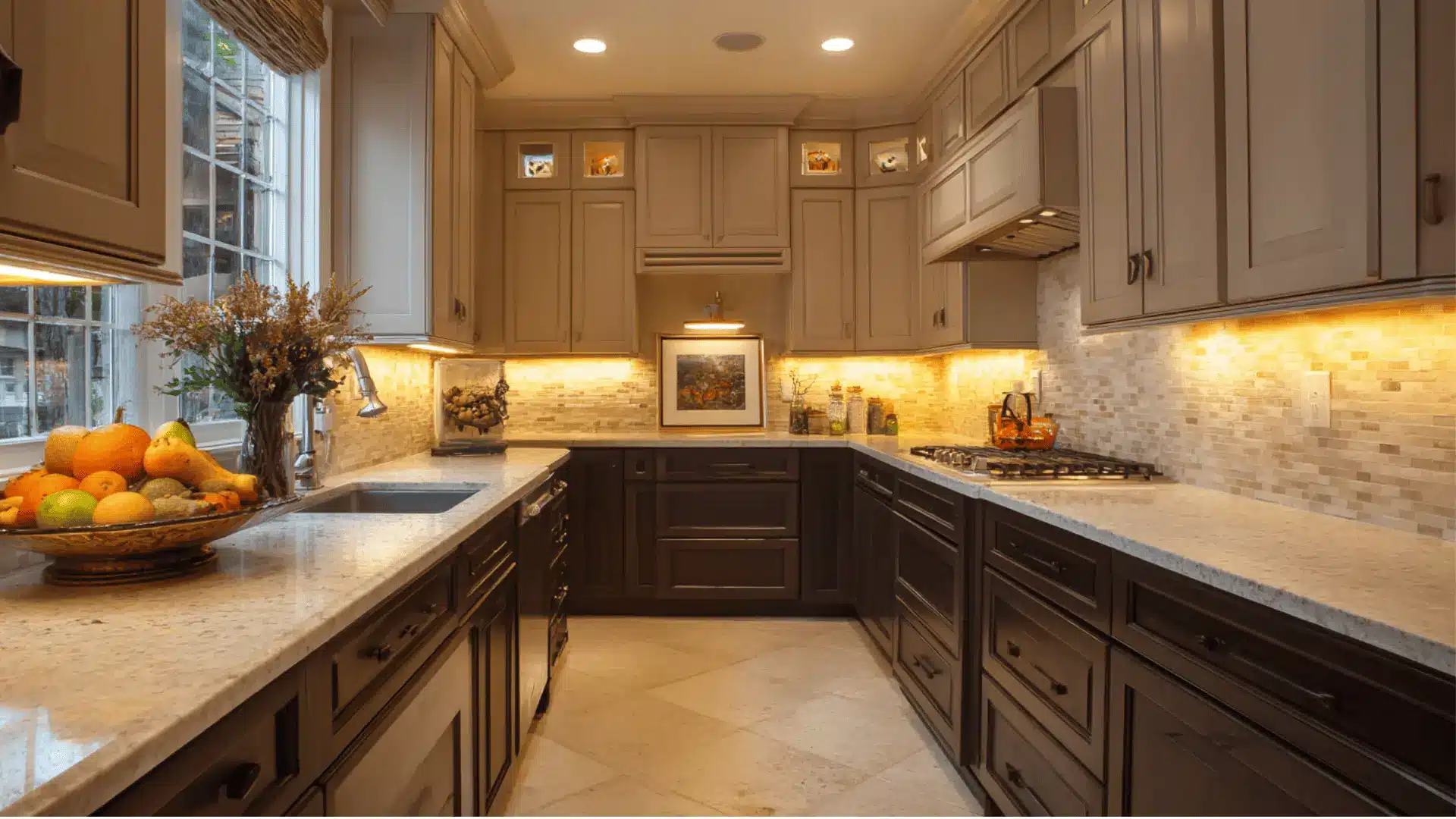 mid century modern kitchen two tone cabinets warm wood lowers sage green uppers and clean lines