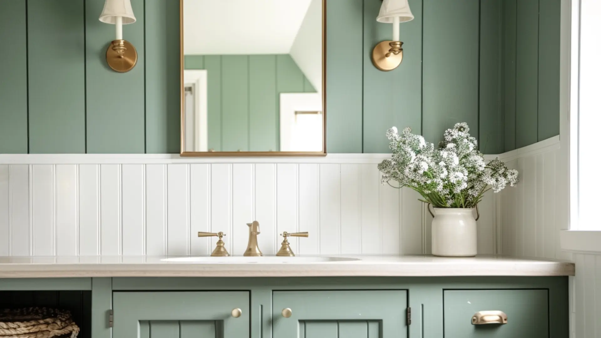 Compact bathroom with two tone walls and rustic wood vanity