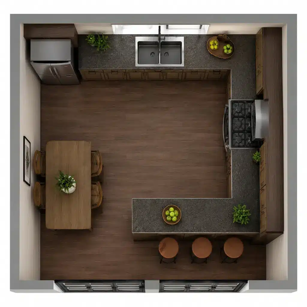 u shaped kitchen floor plan overhead view showing three wall layout sink stove dining area and breakfast counter