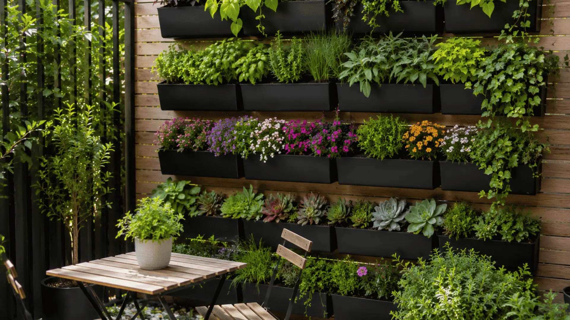 Backyard vertical garden wall with herbs, flowers, succulents, and compact patio seating
