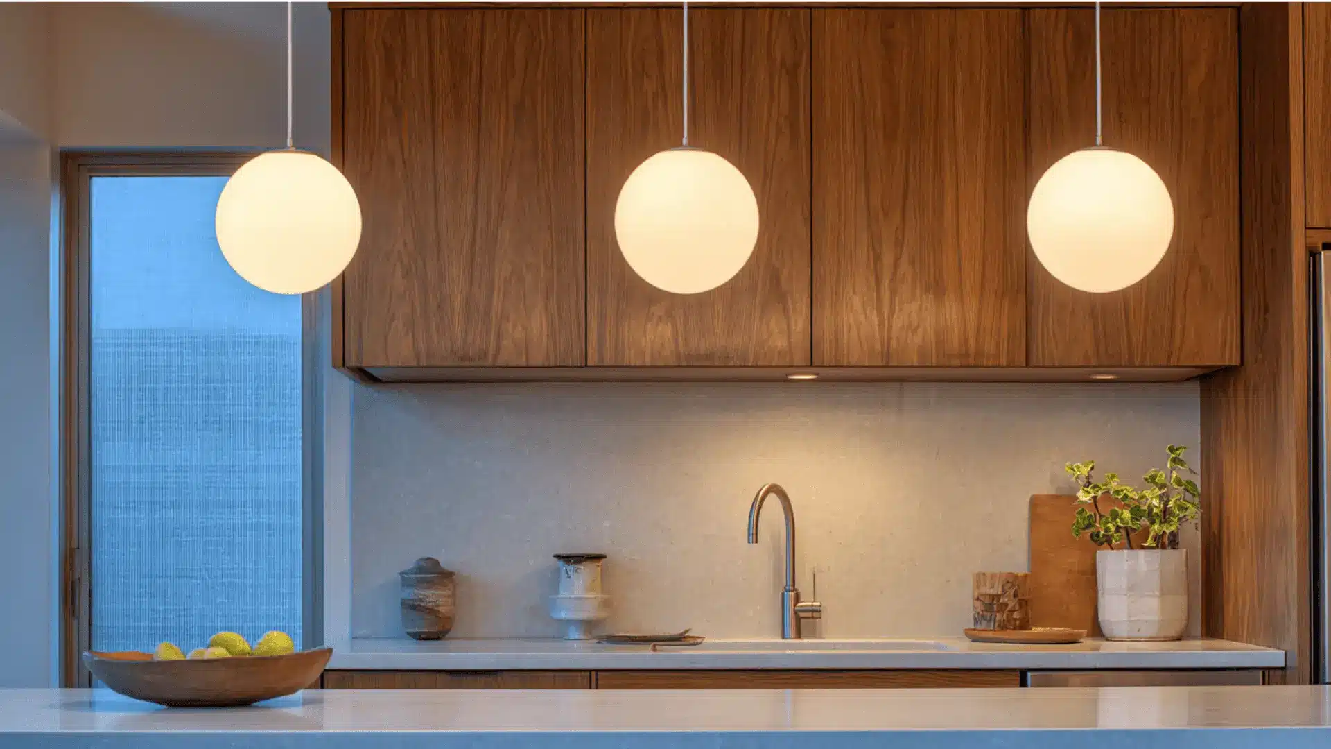 mid century modern kitchen vintage globe pendant lights opal finish above sink and prep counter