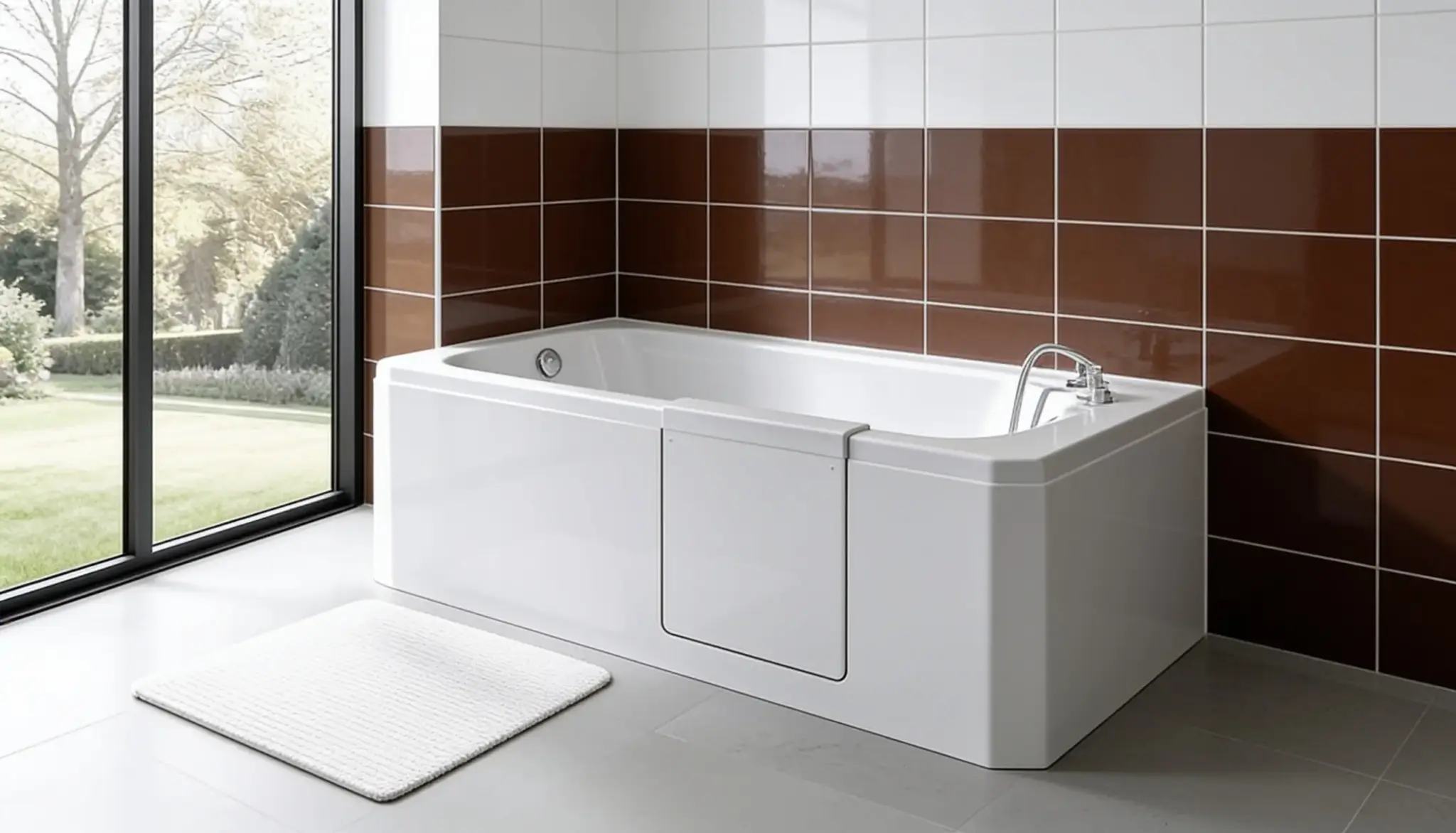 Modern white walk-in bathtub with chrome faucet in a bathroom with brown and white tiled walls and a large window overlooking a garden.