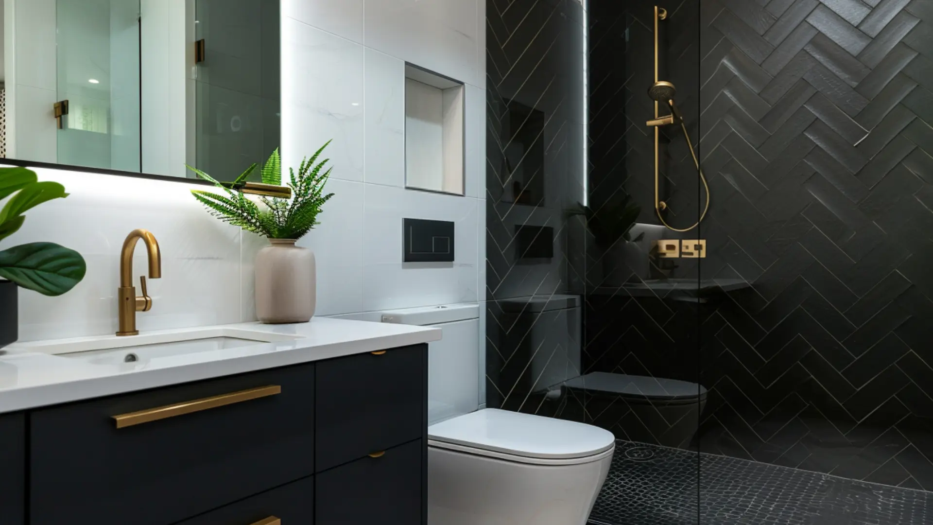 Modern bathroom with wall mounted toilet and minimalist floating vanity