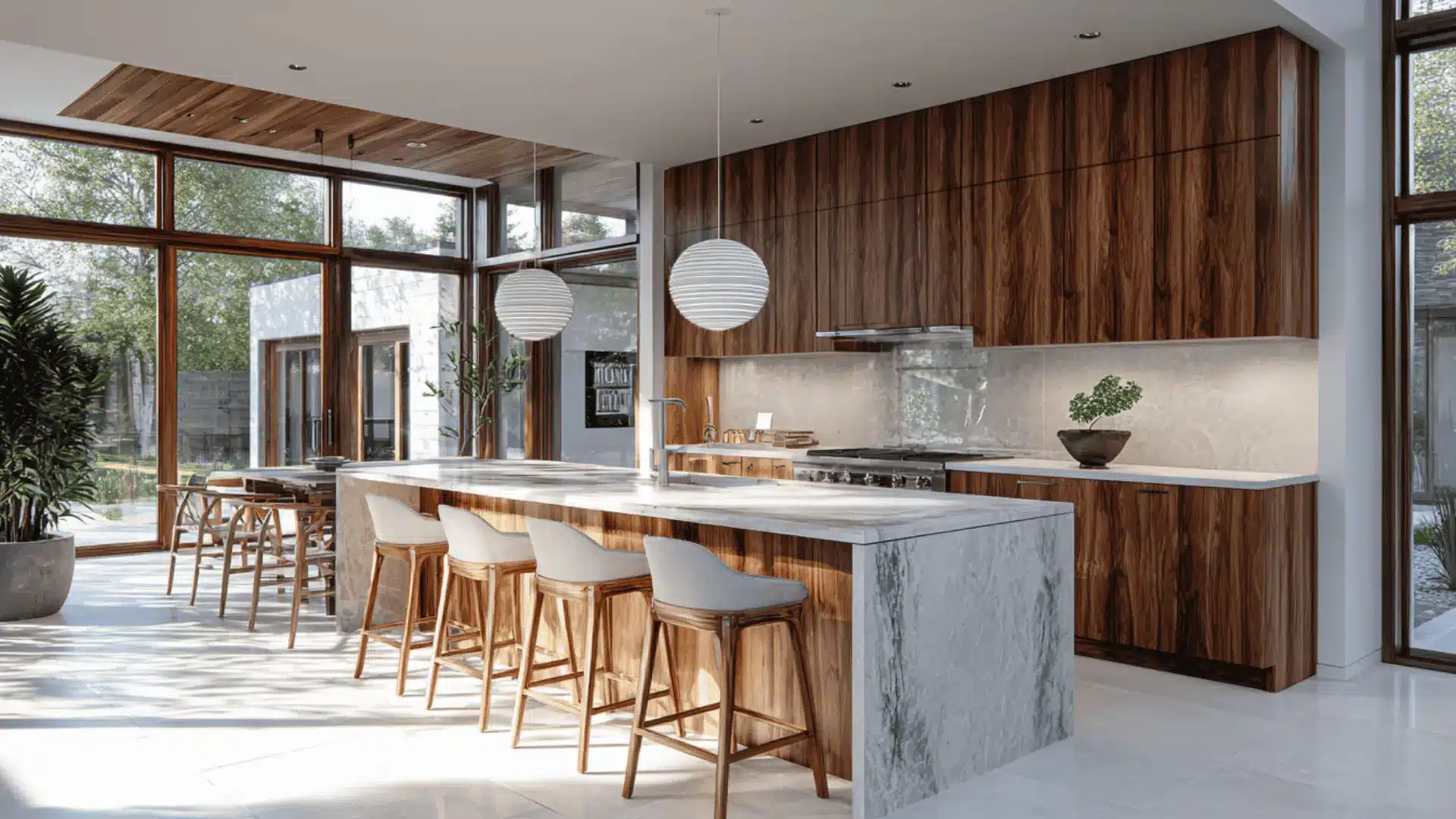 mid century modern kitchen walnut slab cabinets flat front doors wood grain detail and open floor plan