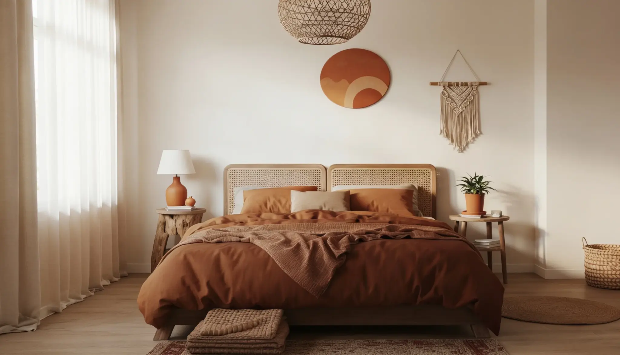 Cozy modern bedroom featuring a brown bedspread, natural decor, and soft lighting for a warm and inviting atmosphere.
