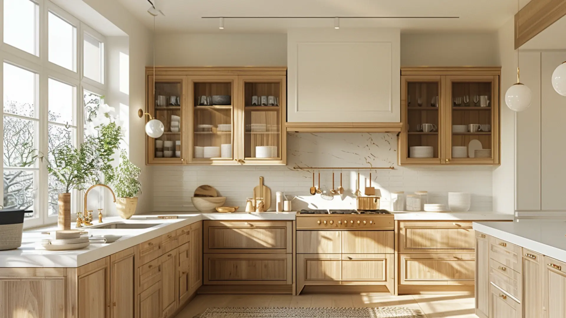 Warm greige cabinets with light wood accents white stone countertops matte finish soft golden sunlight modern kitchen