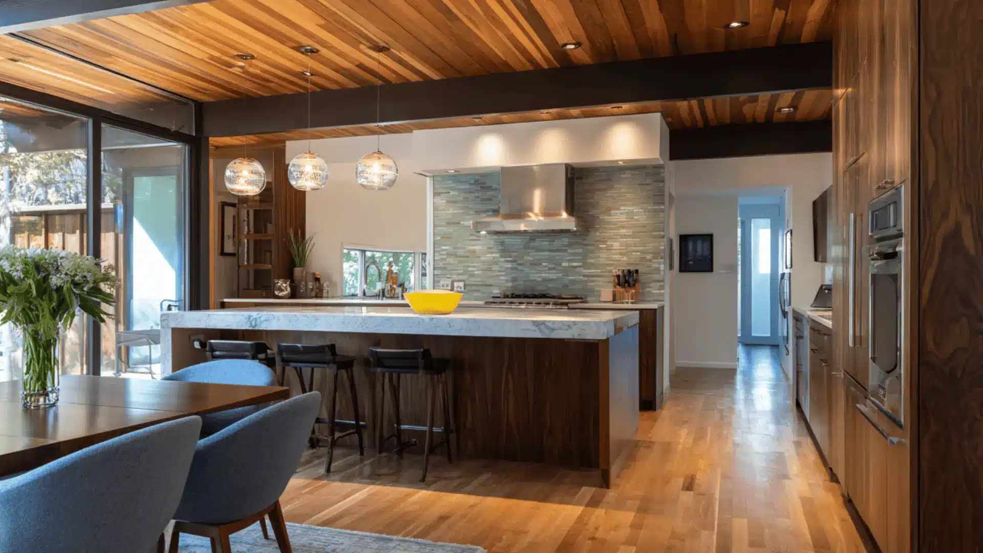 mid century modern kitchen wood ceiling slats linear detail warm tone and open layout higher ceiling