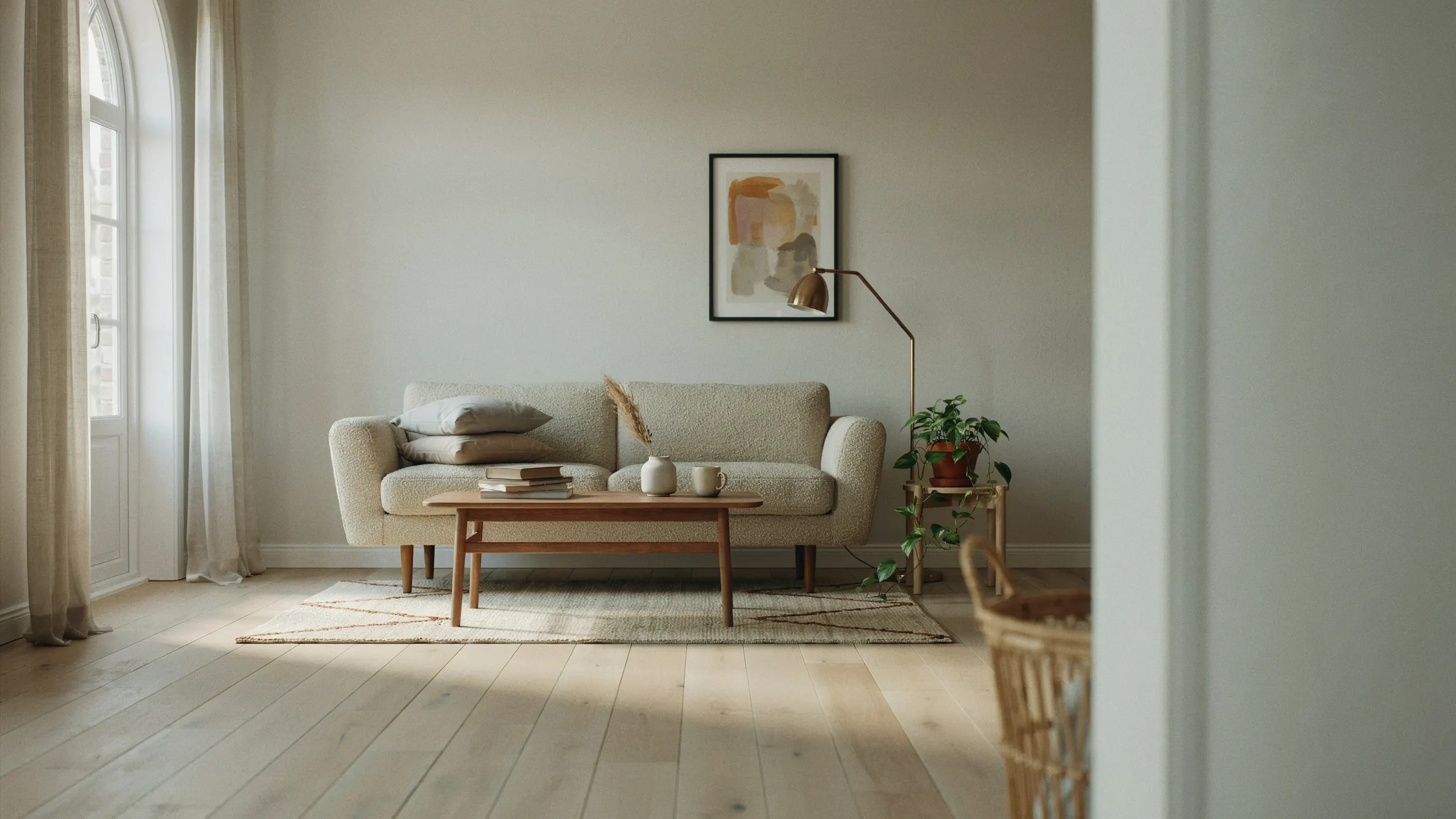 A cozy living room featuring a couch, a coffee table, and a large window allowing natural light to enter.