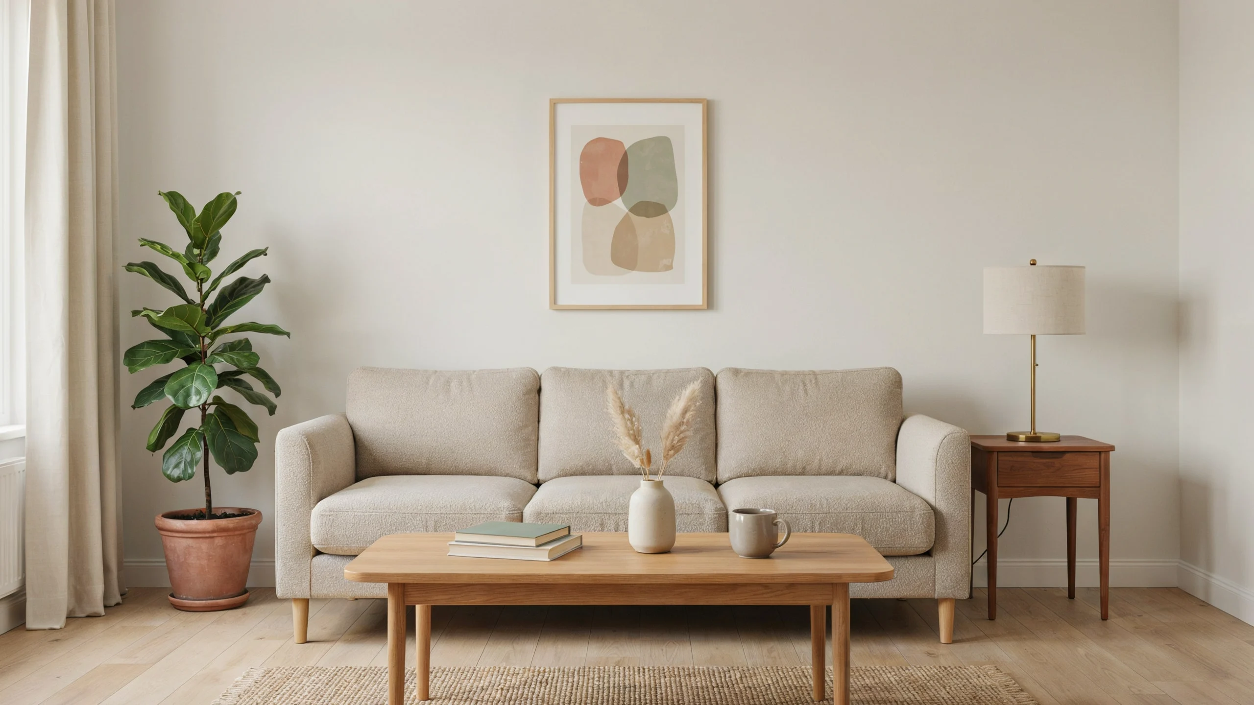 A cozy living room featuring a couch, a coffee table, and a potted plant, creating a welcoming atmosphere.