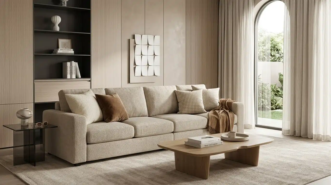 A cozy living room featuring a couch, coffee table, and a bookshelf filled with books.