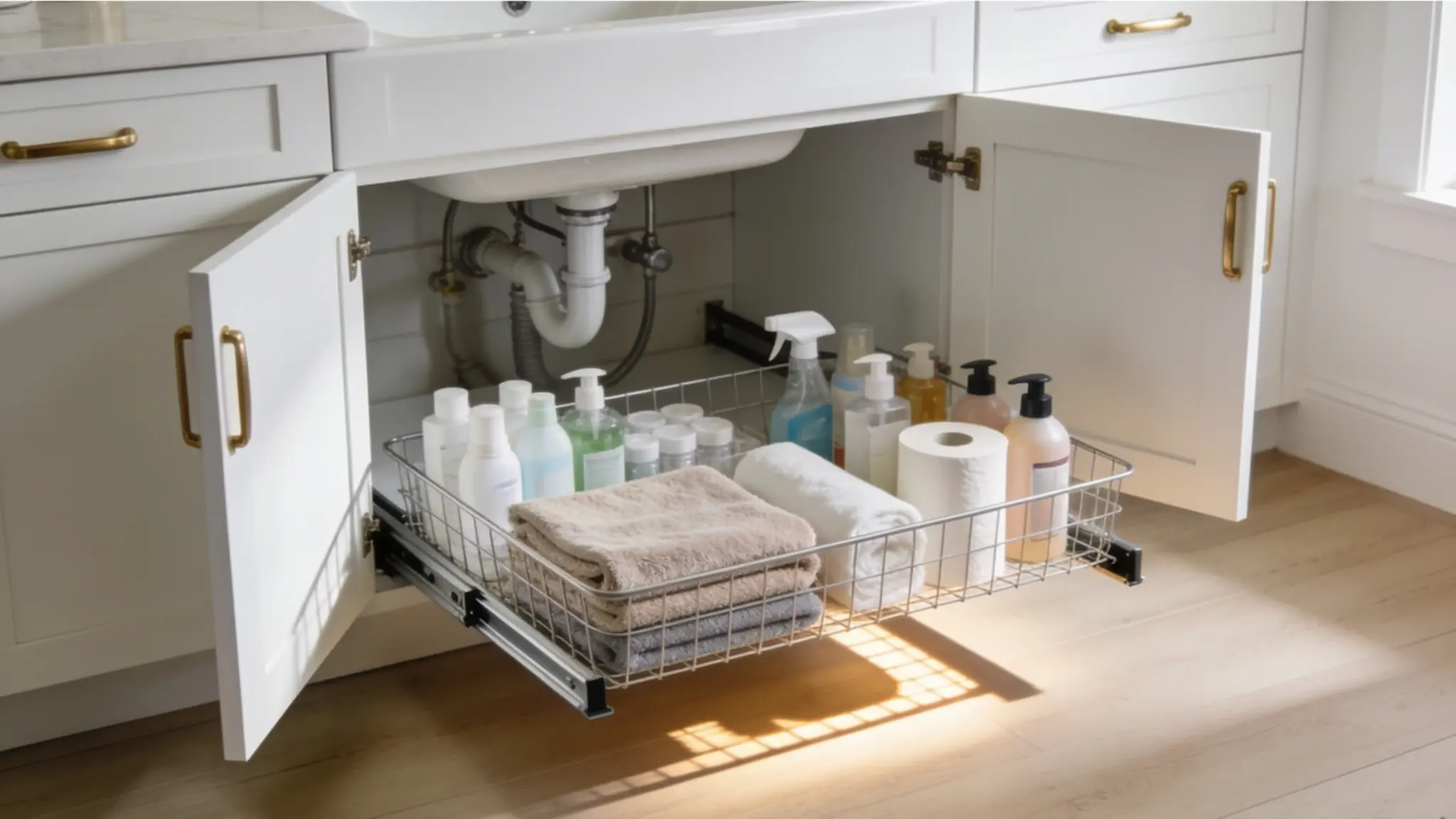 A bathroom sink with a white countertop and a woven basket underneath for storage.