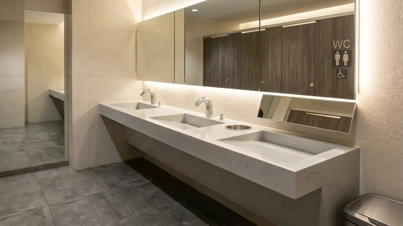 A modern ADA-compliant floating bathroom vanity features three integrated rectangular sinks, knee clearance beneath the countertop, and sleek chrome faucets for accessible use.