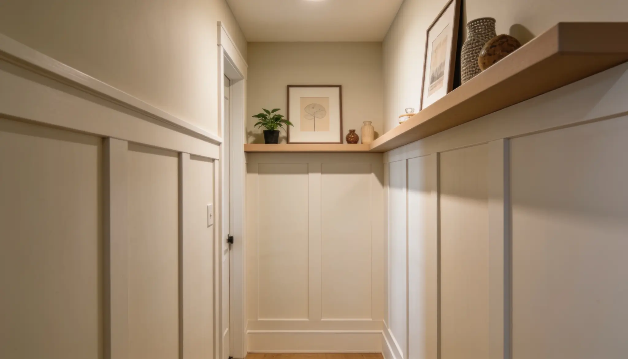 A spacious hallway showcasing white walls and rich wood floors, contributing to a modern and airy environment.