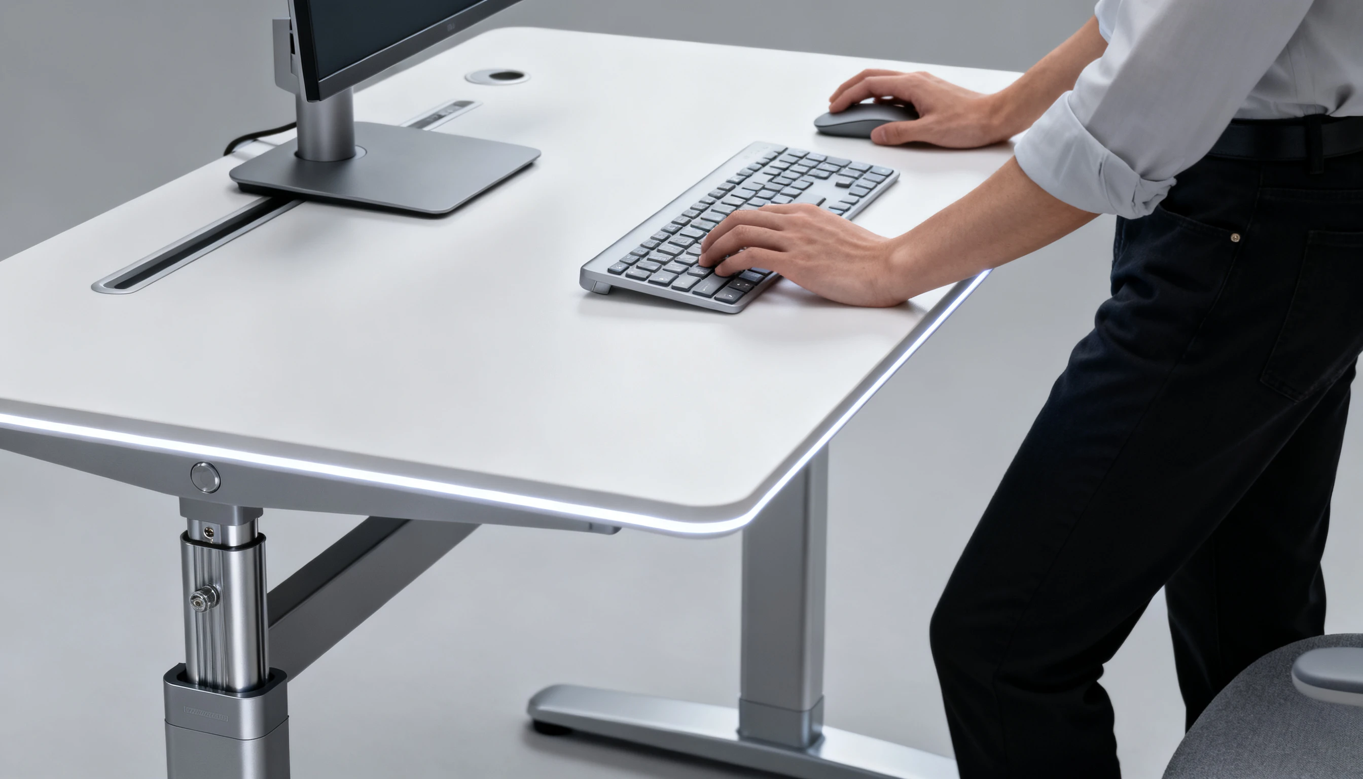 Person typing on a sleek, modern height-adjustable desk with integrated lighting, a monitor, and a mouse.
