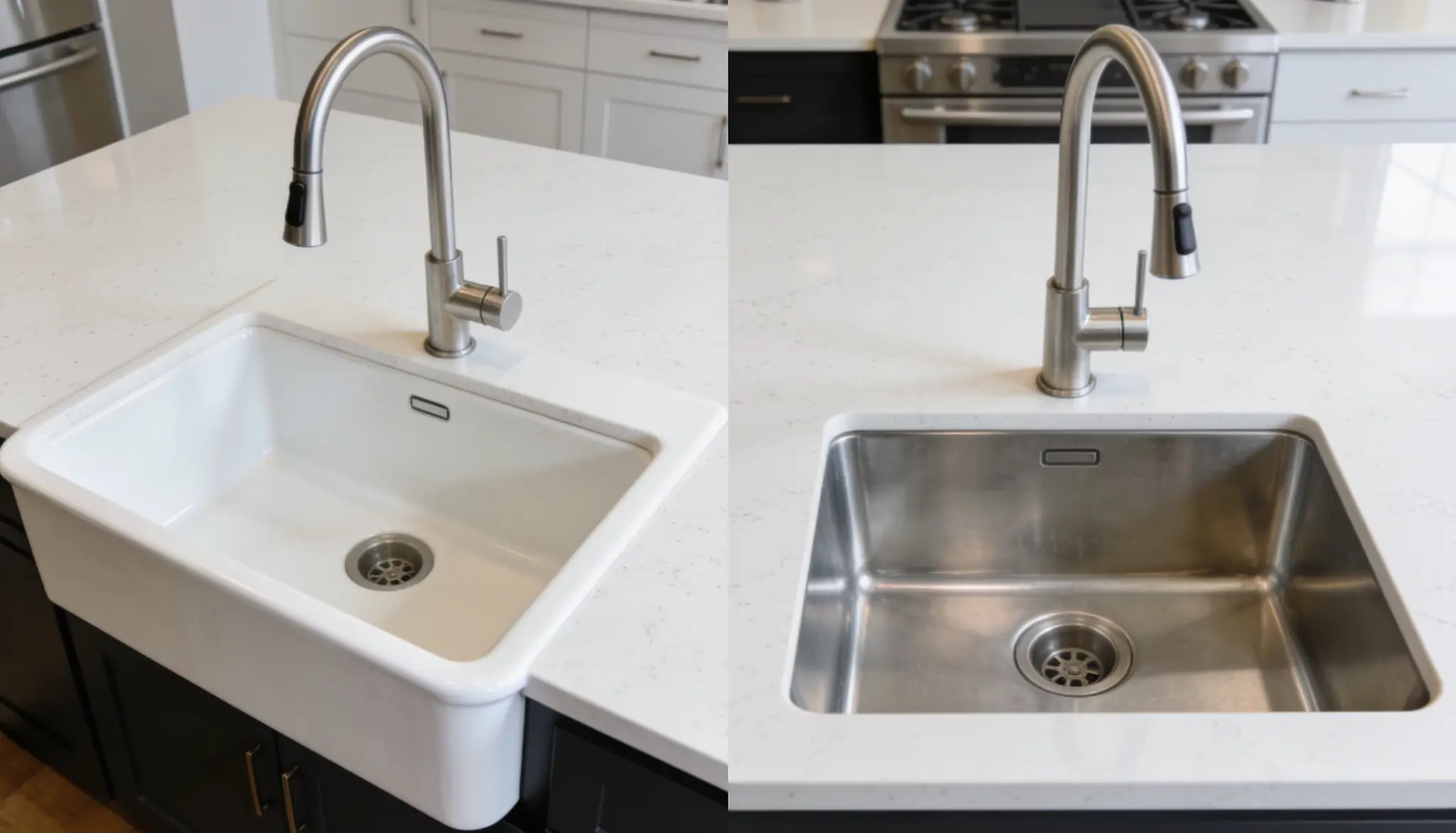 comparison of a white farmhouse apron sink with an exposed front panel undermount sink