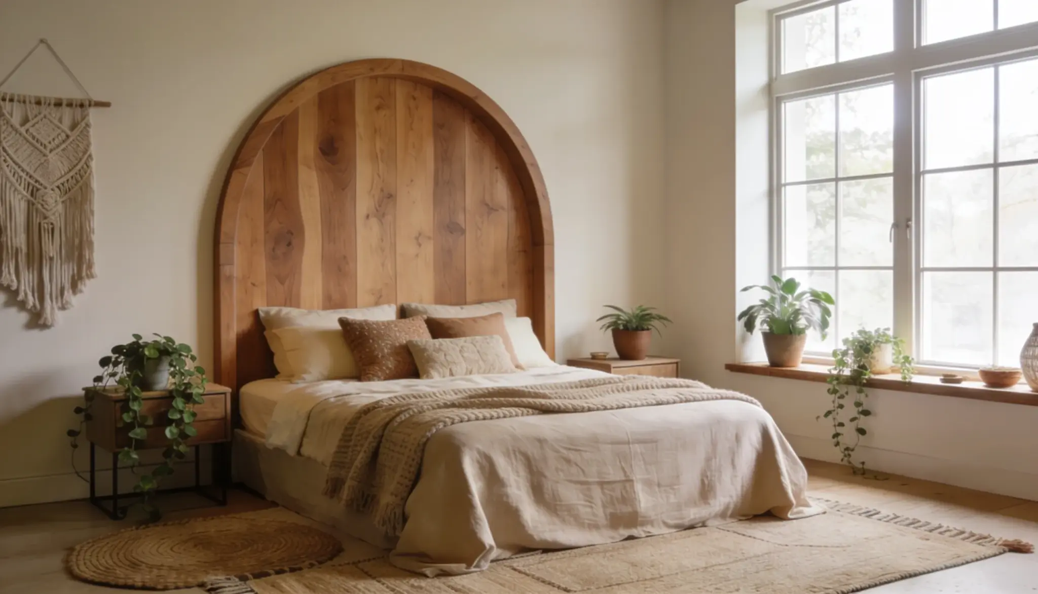 A cozy bedroom with a large arched wood headboard, neutral bedding, potted plants, and tall windows letting in natural light.