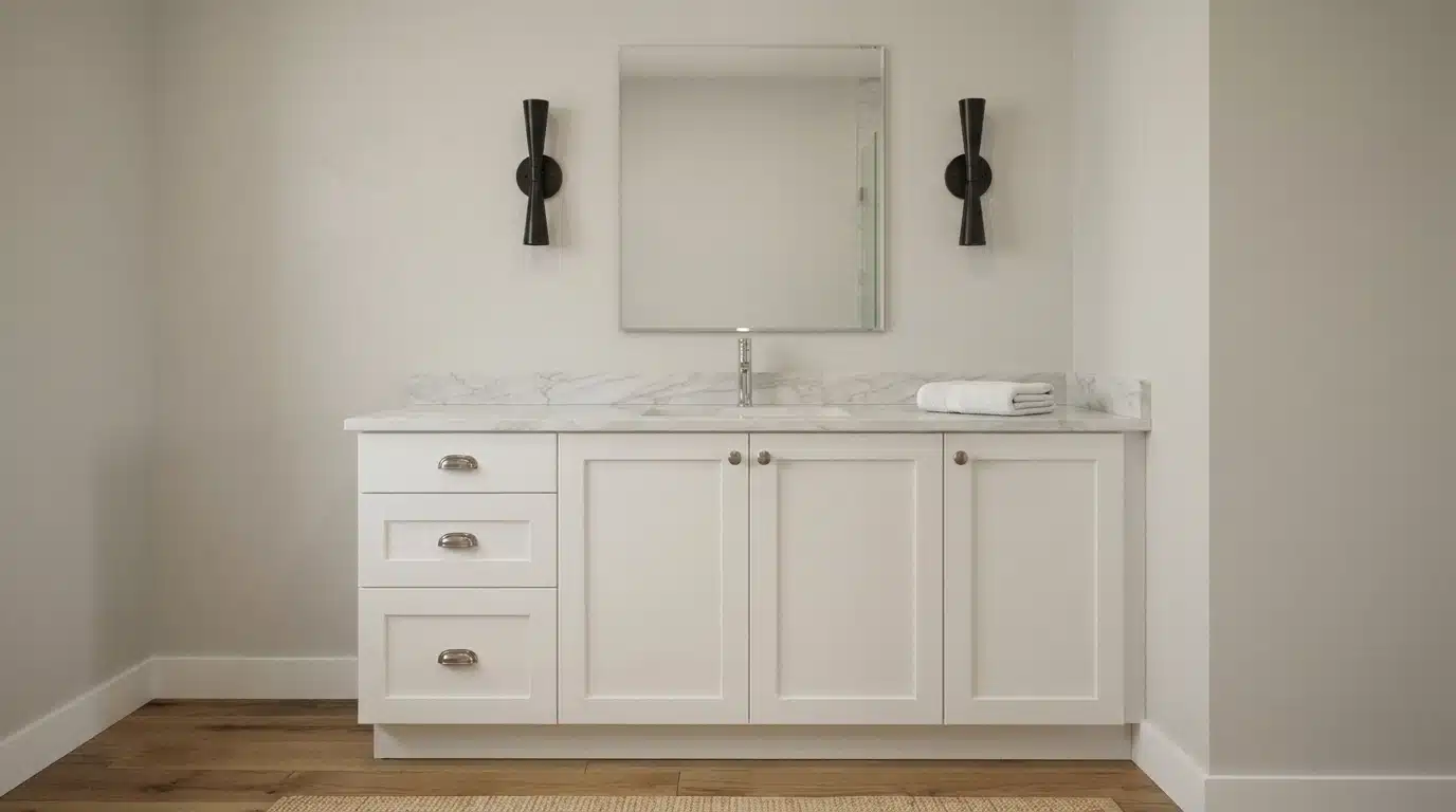 A white shaker-style bathroom vanity features a marble countertop, integrated sink, and three-door cabinet with drawers, creating a clean and timeless design.