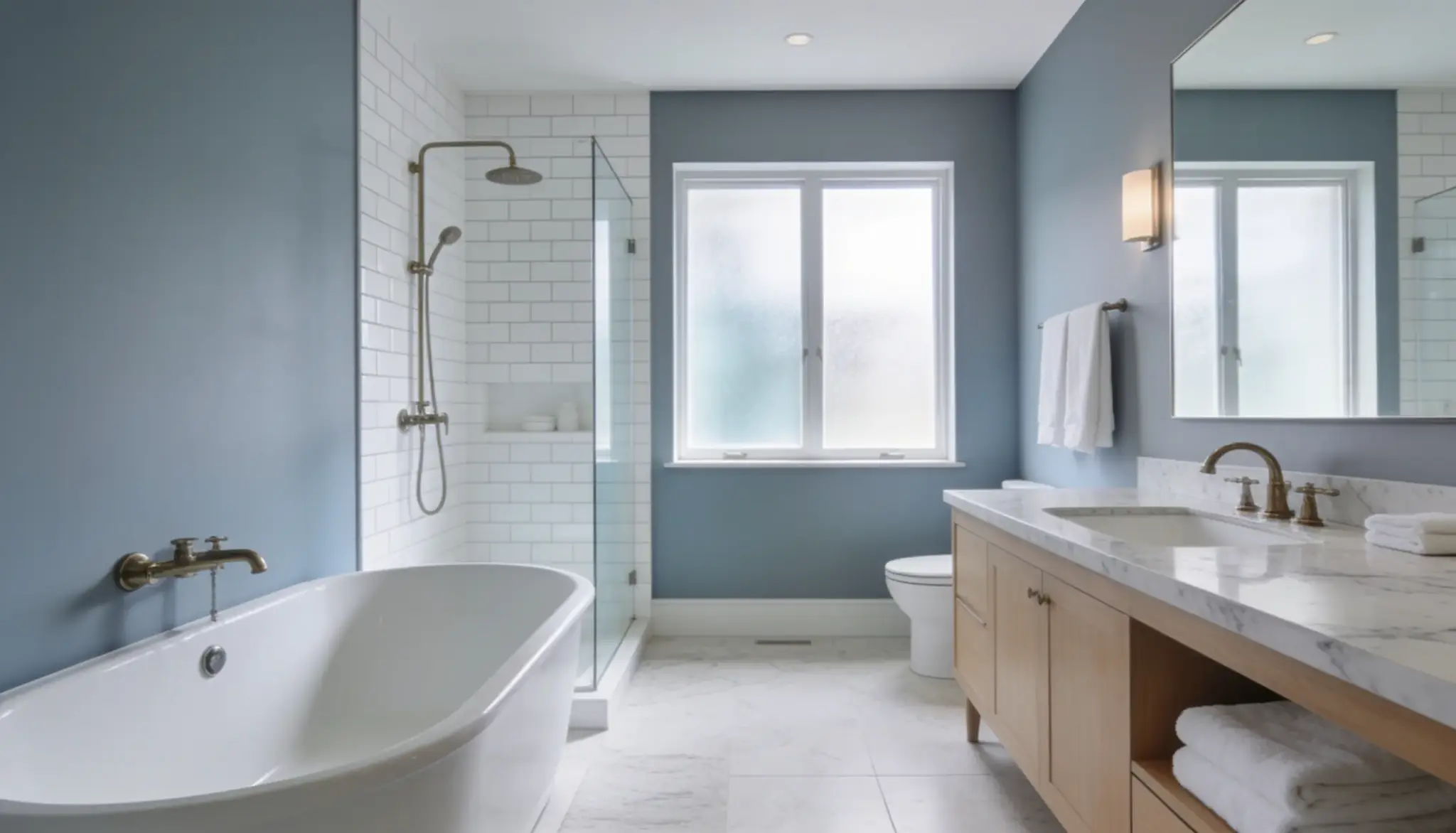 Spa style bathroom with <echighlighted><echighlighted><echighlighted><echighlighted><echighlighted><echighlighted><echighlighted>Boothbay Gray</echighlighted></echighlighted></echighlighted></echighlighted></echighlighted></echighlighted></echighlighted> walls white subway tile a freestanding tub marble vanity and brushed nickel fixtures in soft natural light