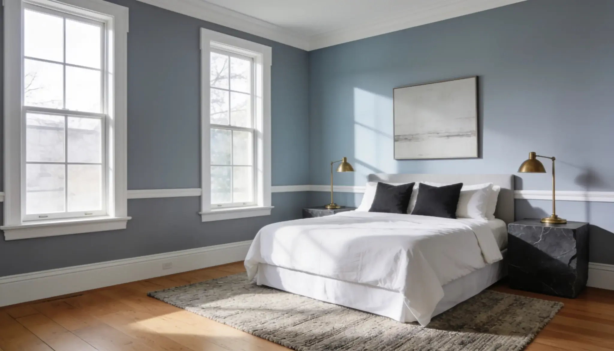 A calming bedroom with <echighlighted><echighlighted><echighlighted><echighlighted><echighlighted><echighlighted>Boothbay Gray</echighlighted></echighlighted></echighlighted></echighlighted></echighlighted></echighlighted> blue gray walls crisp white trim warm oak floors white bedding charcoal accents and soft natural light creating a peaceful retreat
