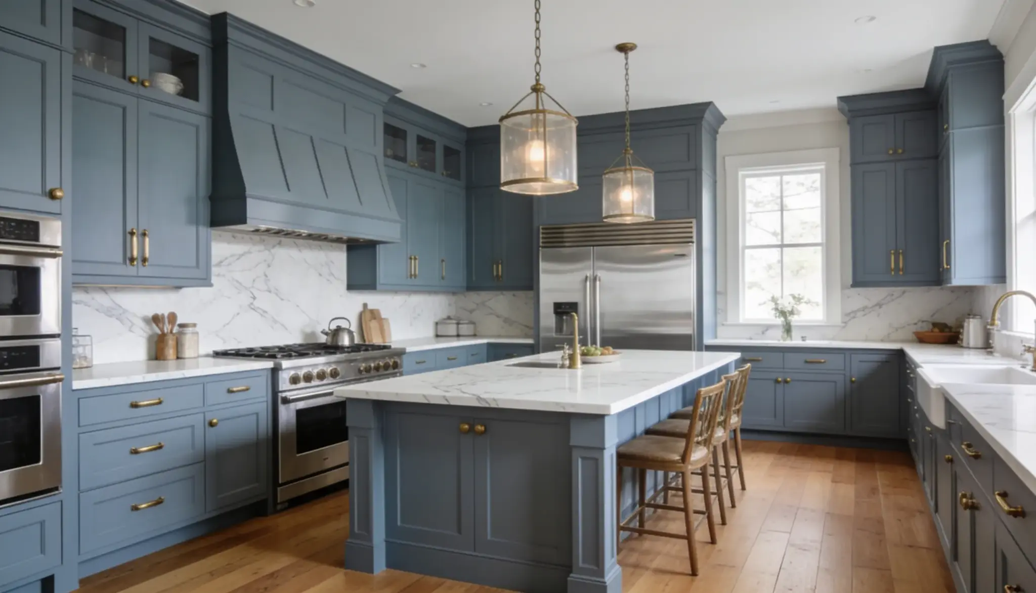 Kitchen featuring <echighlighted><echighlighted><echighlighted><echighlighted><echighlighted><echighlighted><echighlighted>Boothbay Gray</echighlighted></echighlighted></echighlighted></echighlighted></echighlighted></echighlighted></echighlighted> cabinets white quartz countertops brass hardware marble backsplash oak floors and soft natural daylight