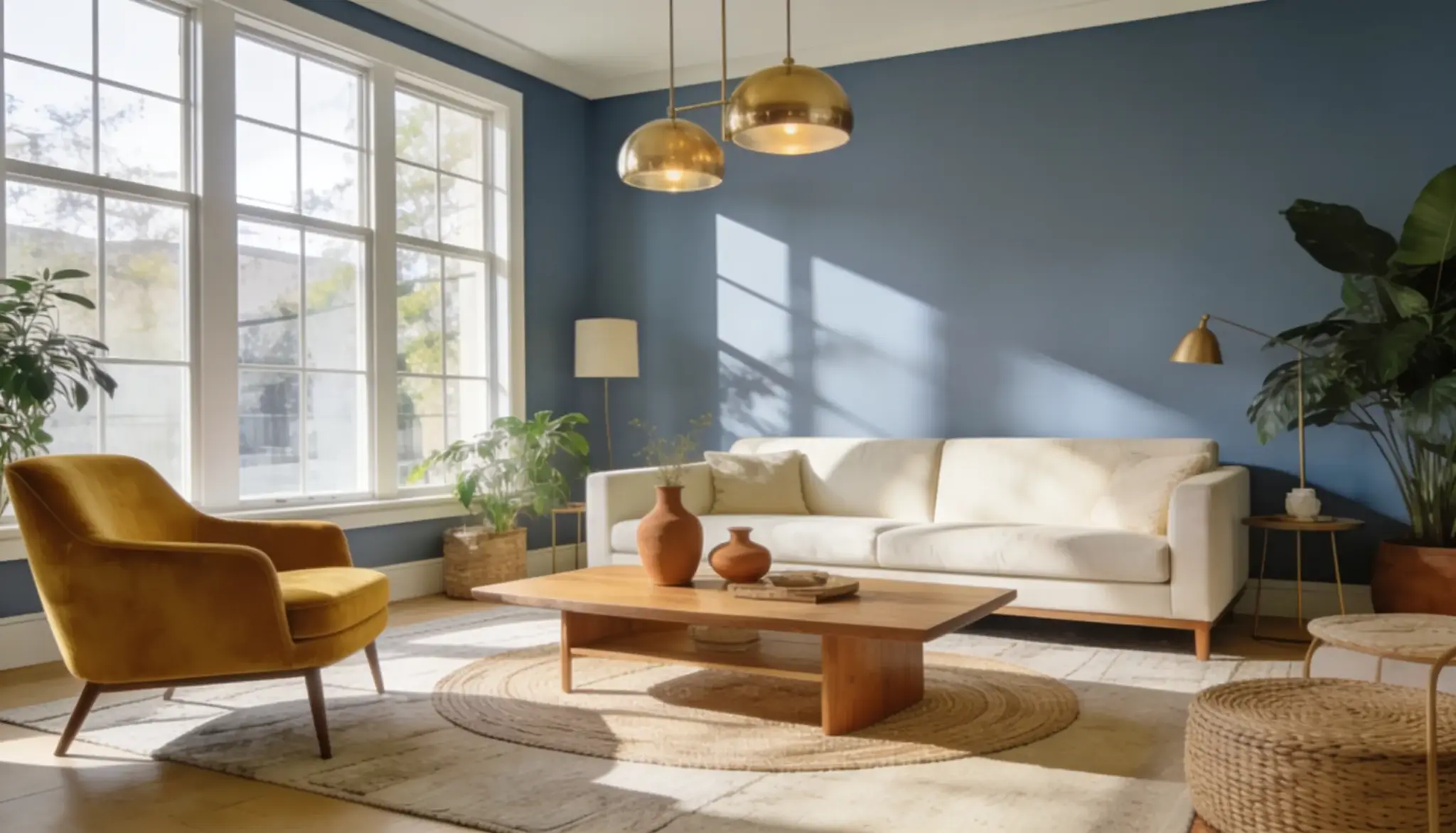 Modern living room with <echighlighted><echighlighted><echighlighted><echighlighted><echighlighted><echighlighted><echighlighted>Boothbay Gray</echighlighted></echighlighted></echighlighted></echighlighted></echighlighted></echighlighted></echighlighted> walls a cream sofa warm wood furniture mustard and terracotta accents and sunlight highlighting the soft blue gray paint
