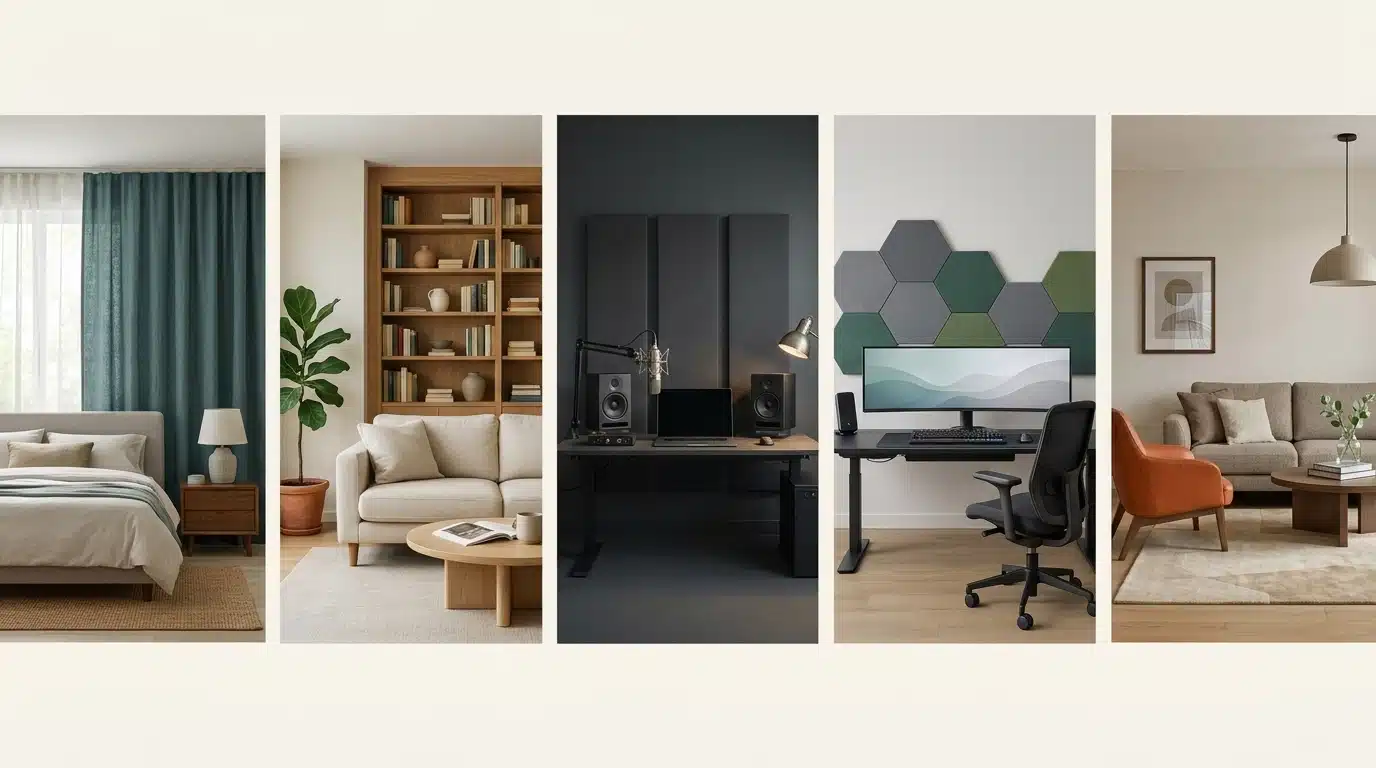 A collage showcasing various budget-friendly living room designs for DIY soundproofing ideas.