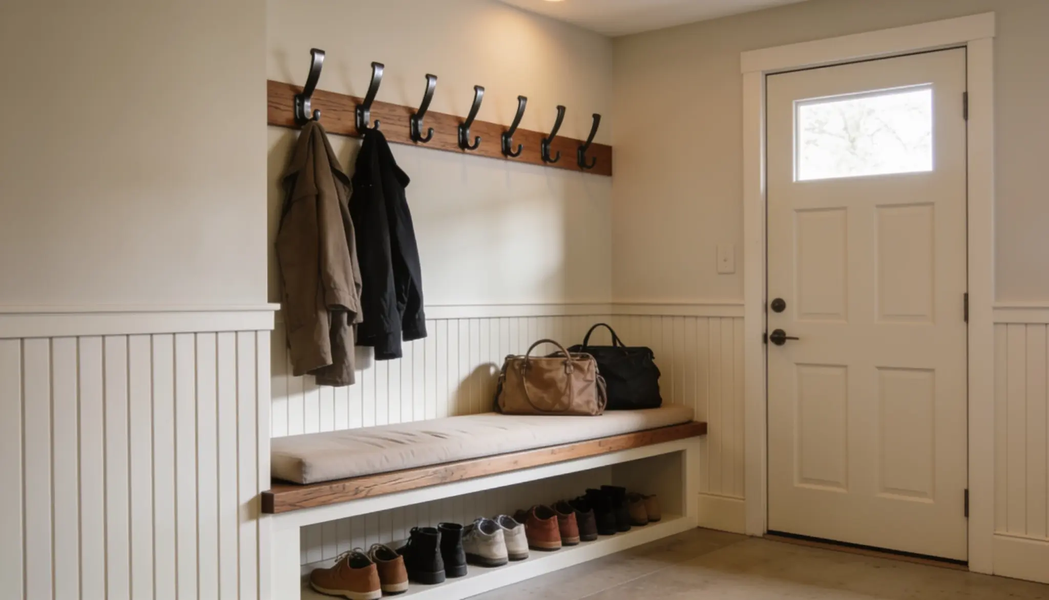 A mud room featuring coat hooks on the wall and various shoes neatly arranged on the floor.