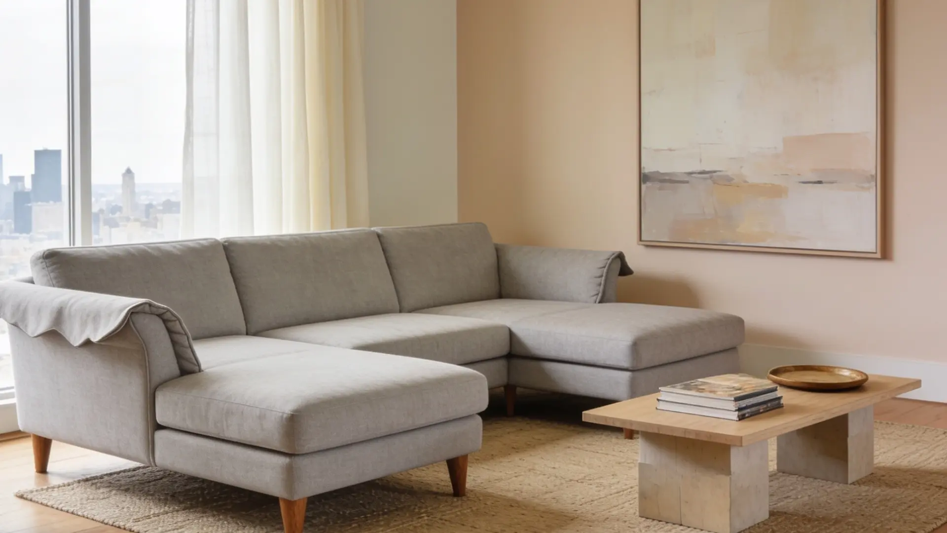Gray chaise sectional sofa with two chaise ends in a city apartment living room