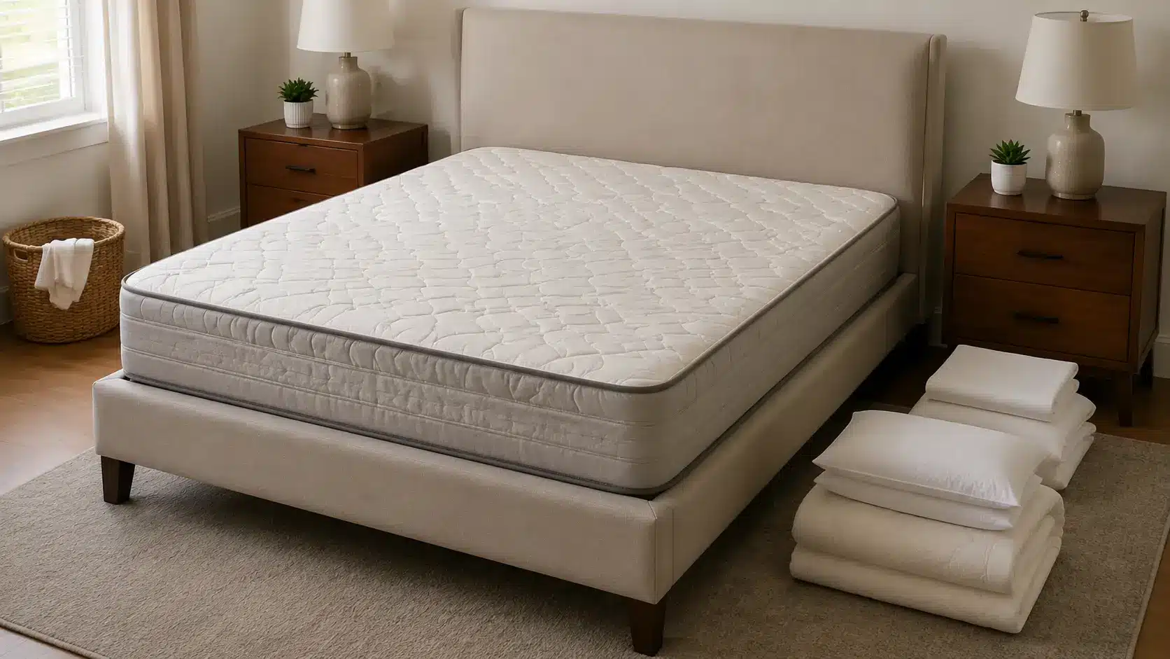 Bare mattress in a clean, minimal bedroom with bedding removed and folded linens placed nearby