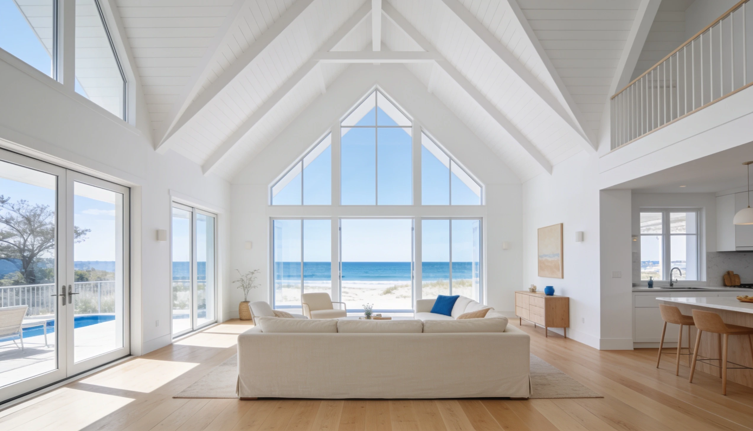 White cathedral ceiling with large windows and coastal interior