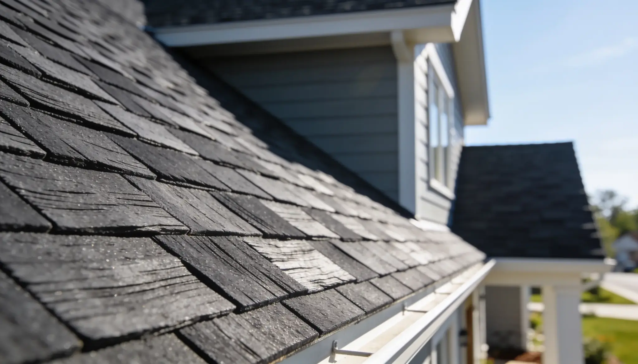 Composite shingle roof designed to resemble cedar shake