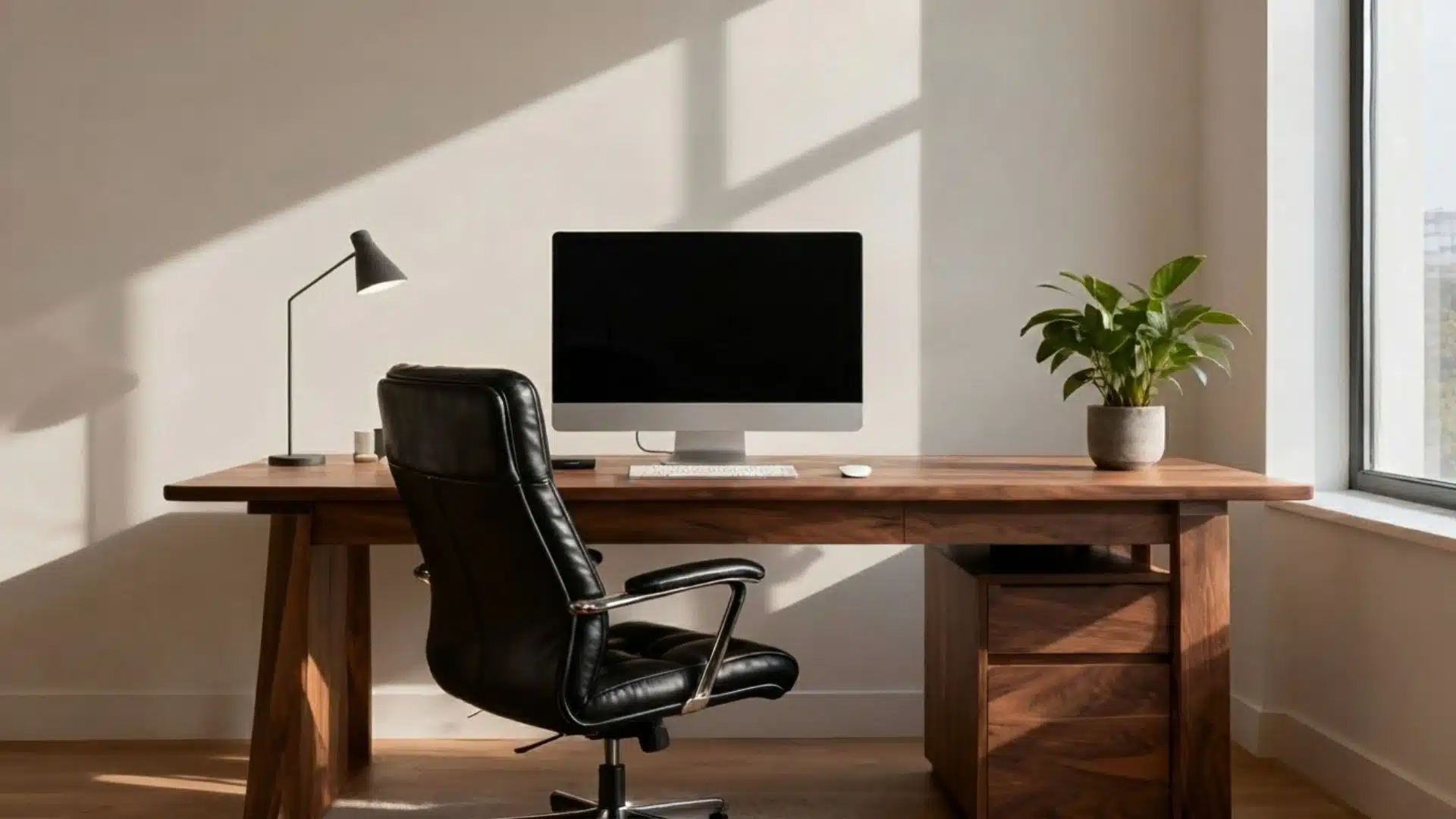 A modern home office setup with a wooden desk, black leather chair, computer, lamp, and potted plant.