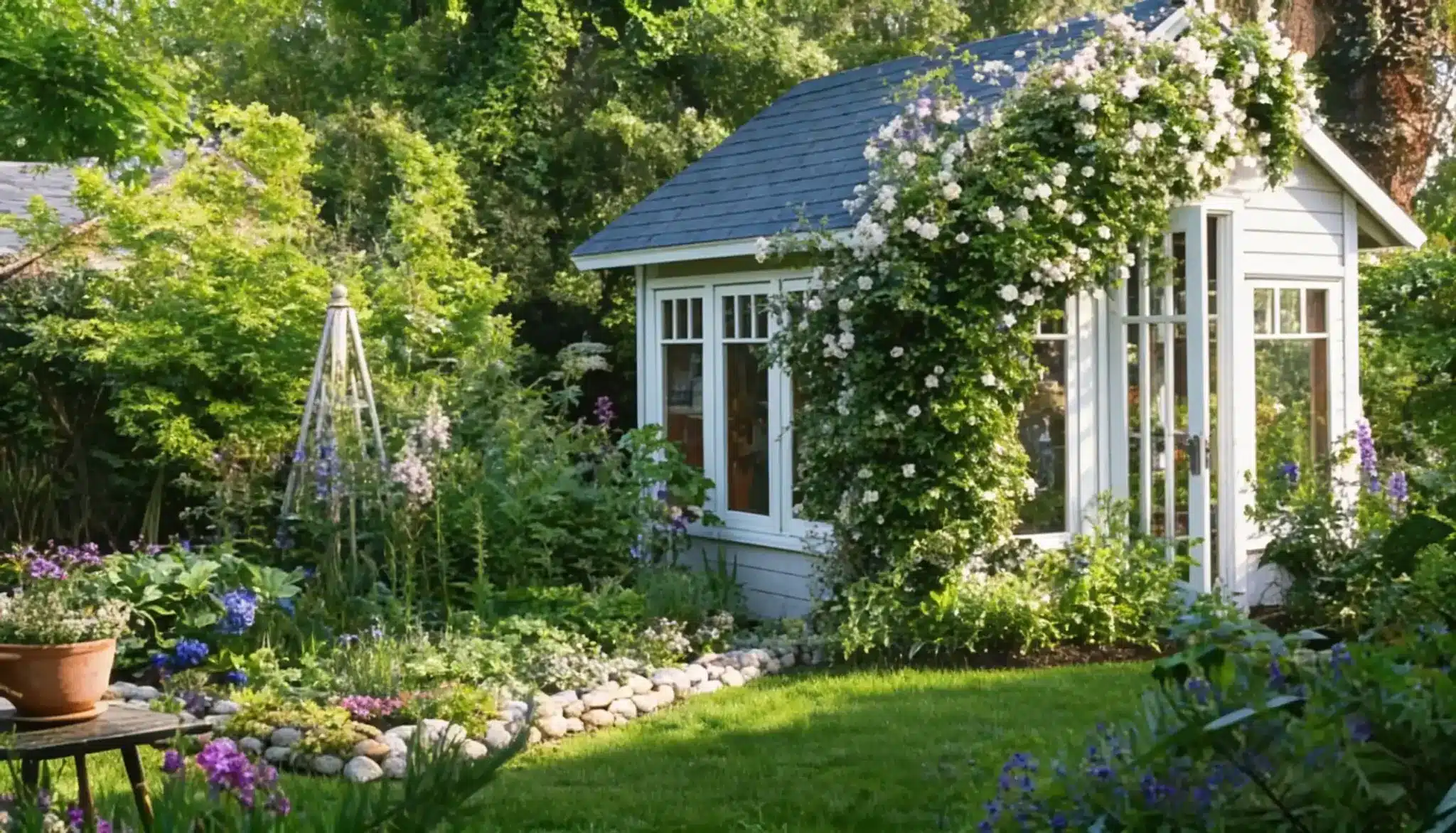 A white garden shed is covered in white blooming vines amidst lush greenery and a flower garden.