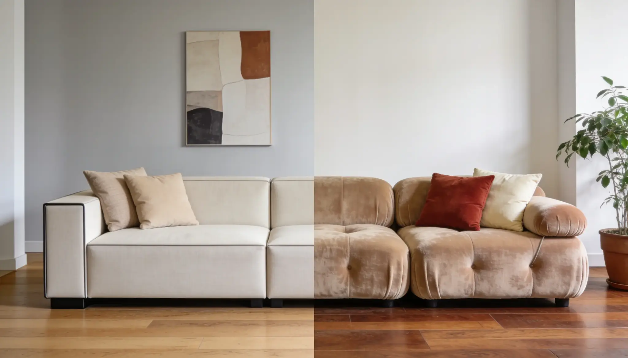 Split screen comparison of a modern sofa and a cozy couch in stylish living rooms.