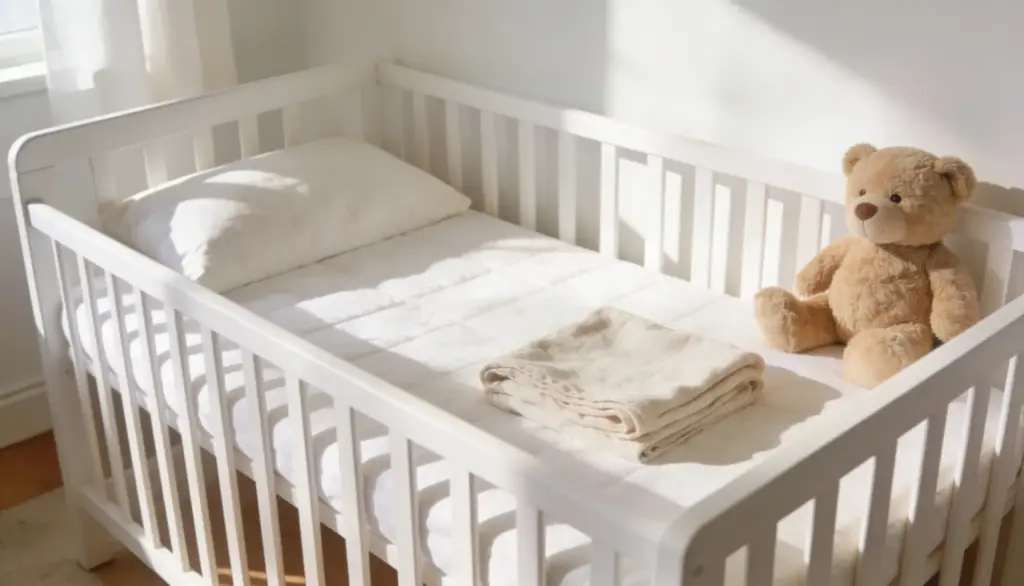 White crib with a fitted mattress pillow folded blanket and teddy bear in a bright nursery