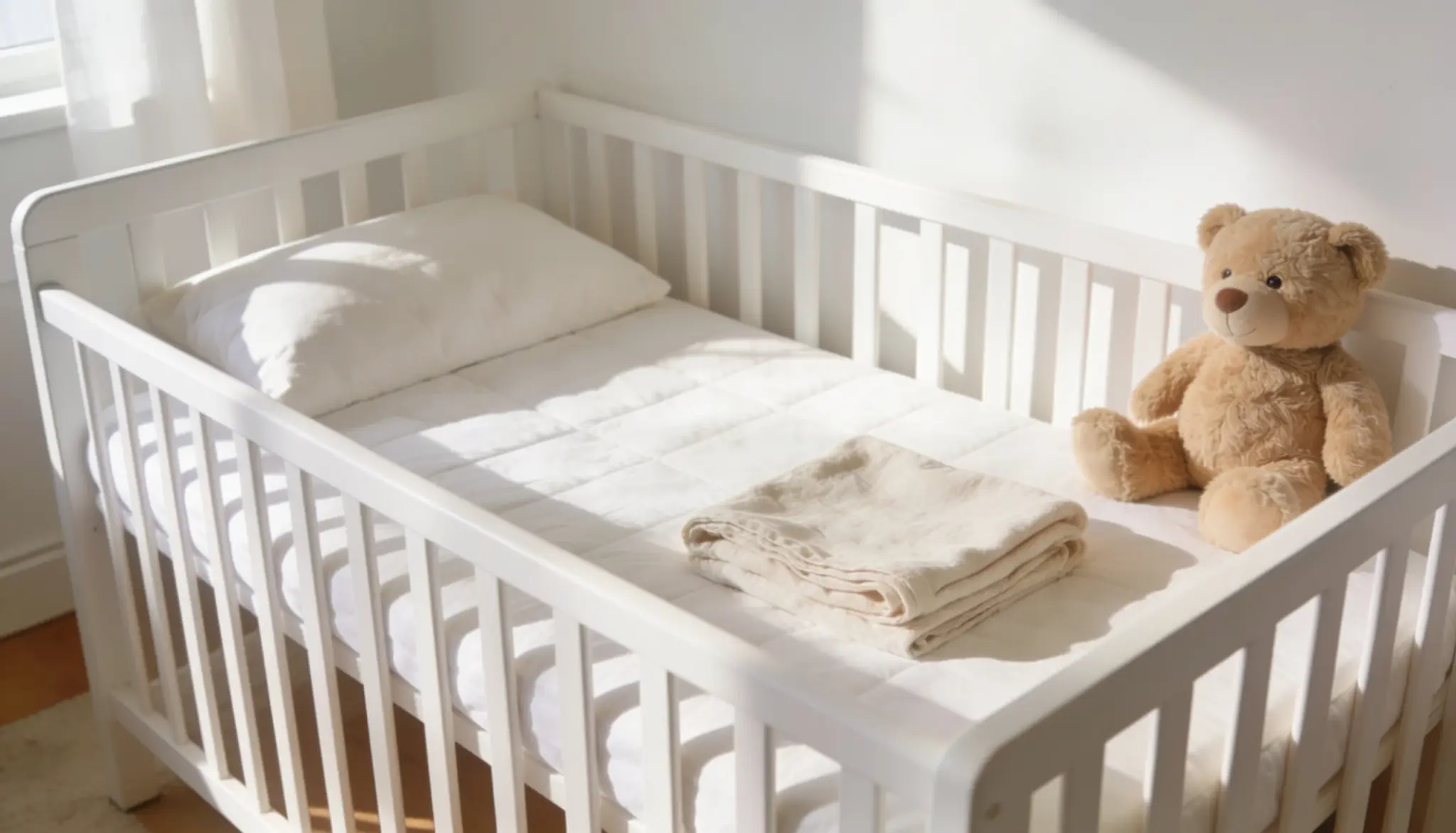 White crib with a fitted mattress pillow folded blanket and teddy bear in a bright nursery