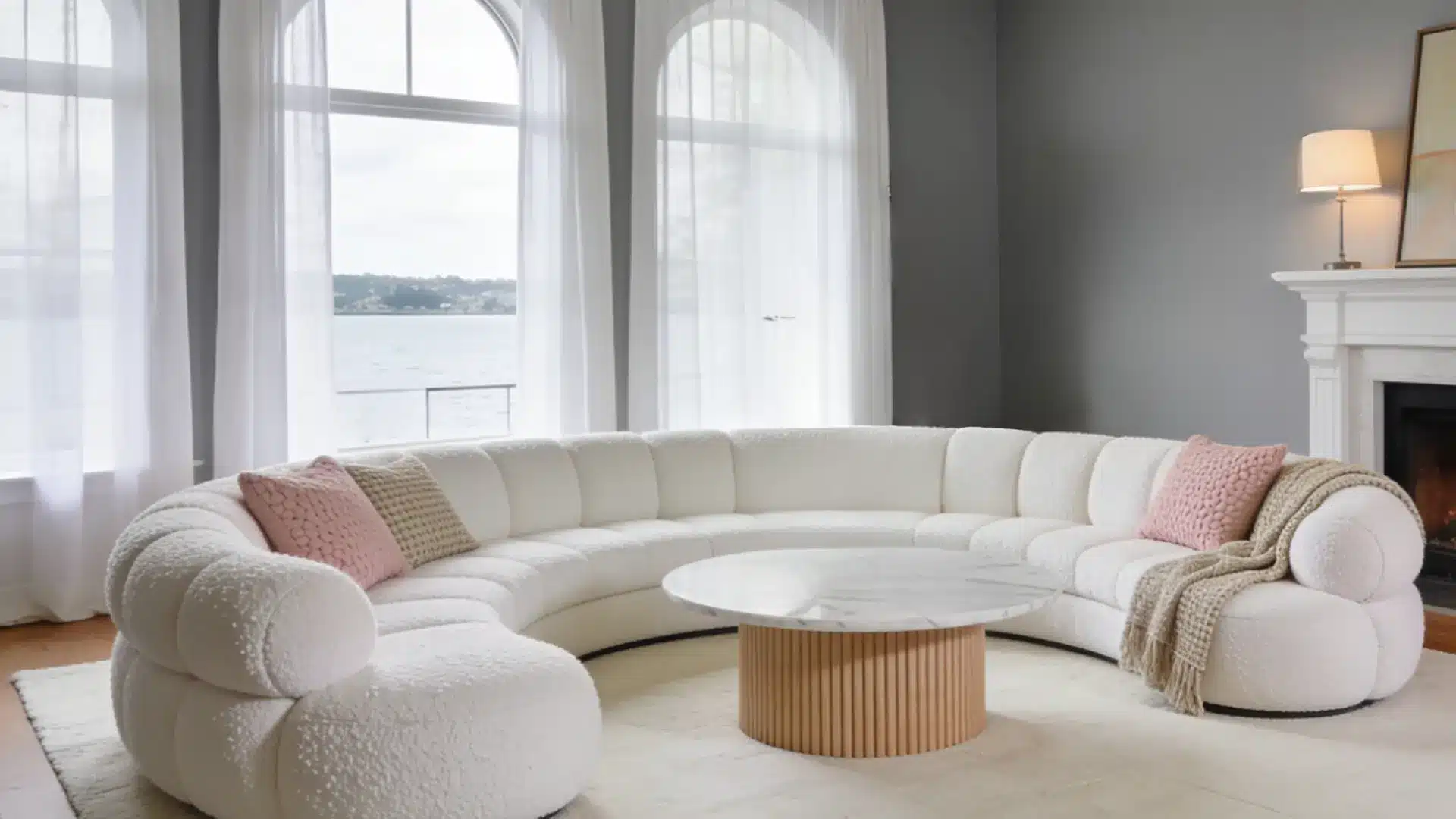 A cozy living room featuring a white couch and a warm fireplace, creating a welcoming atmosphere.