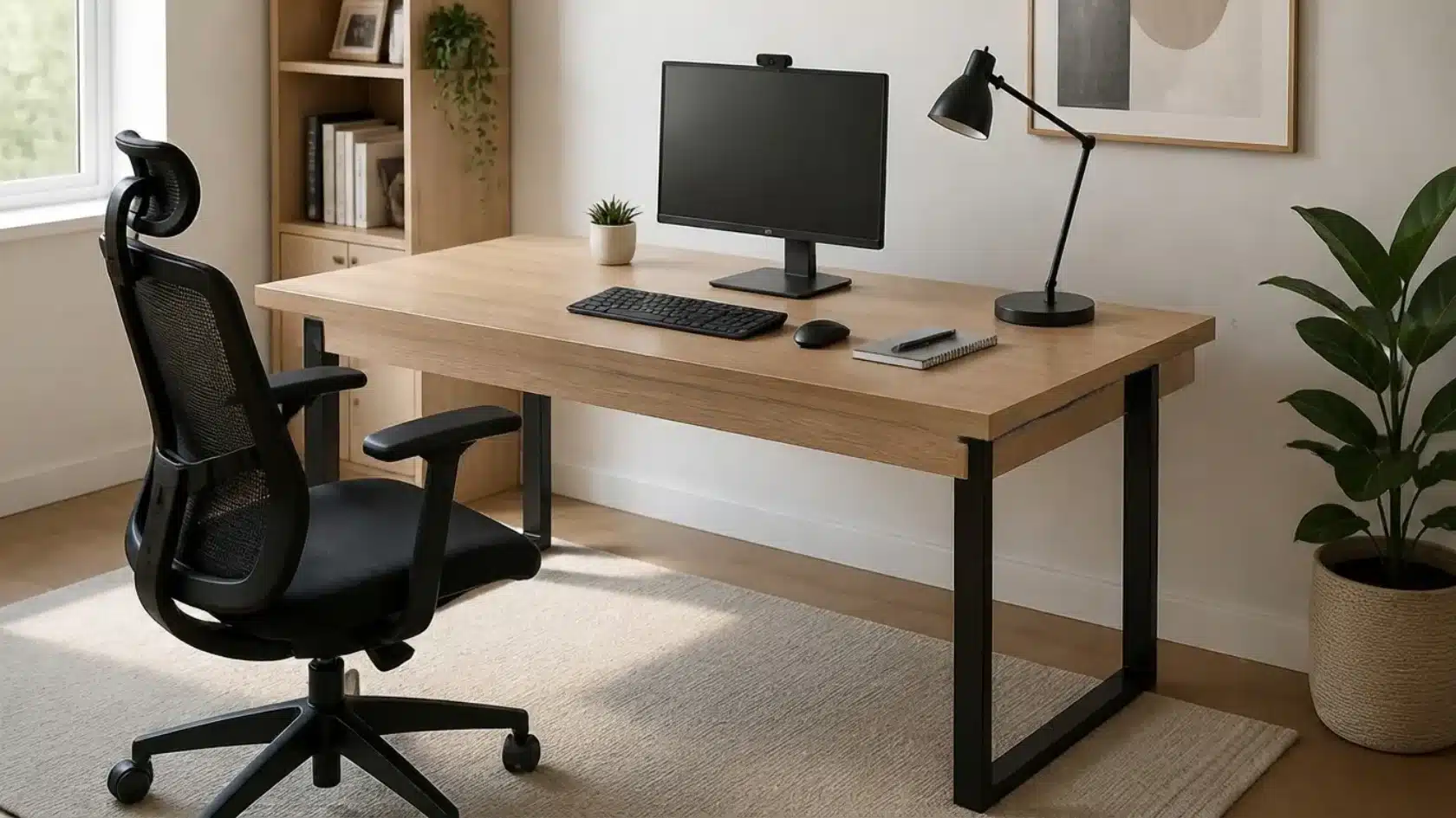 office desk with computer setup and ergonomic chair marked with desk dimensions for width and depth