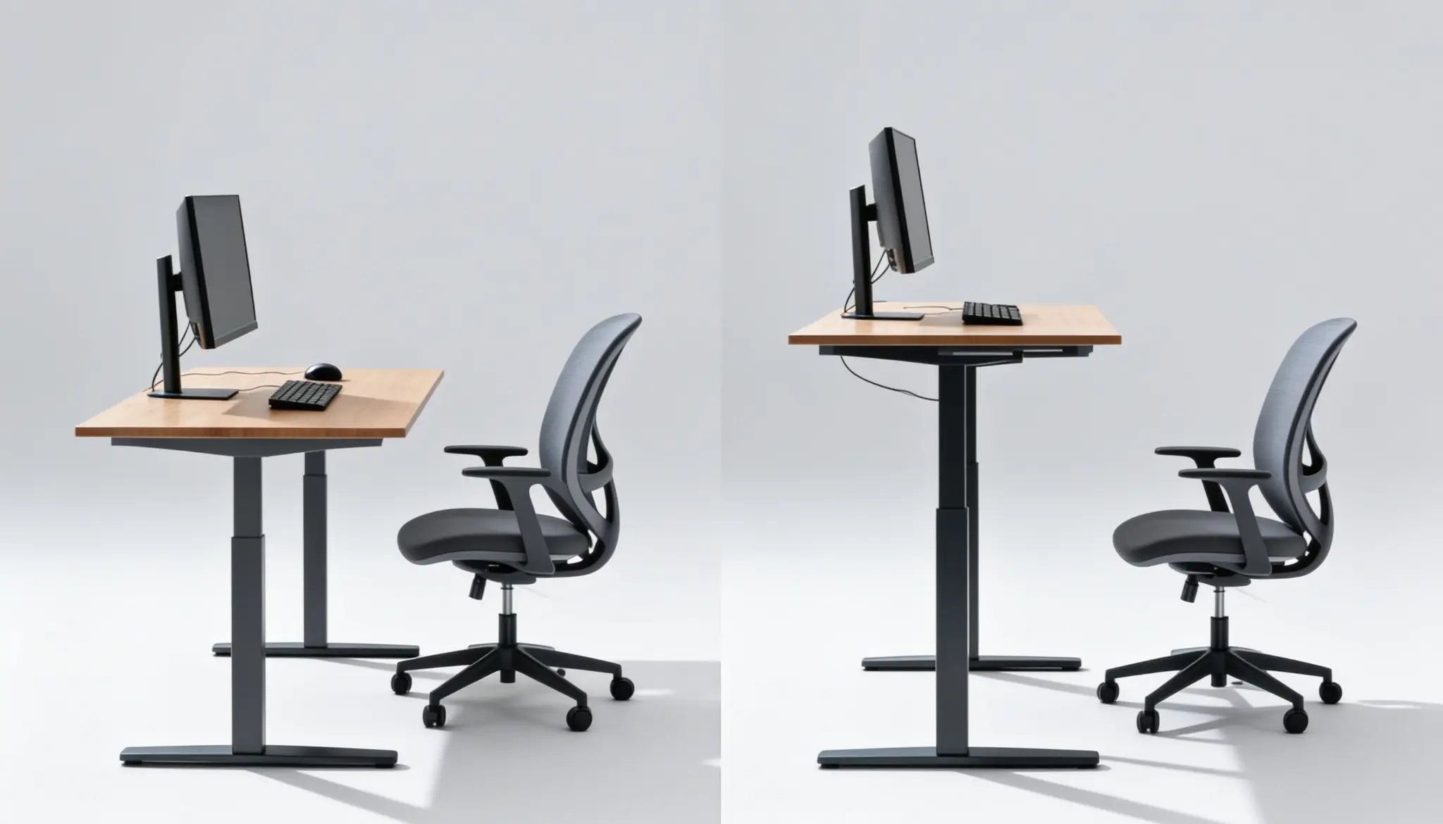 Two adjustable height desks with monitors, keyboards, and chairs are shown on a white background, one at a sitting height and one at a standing height.