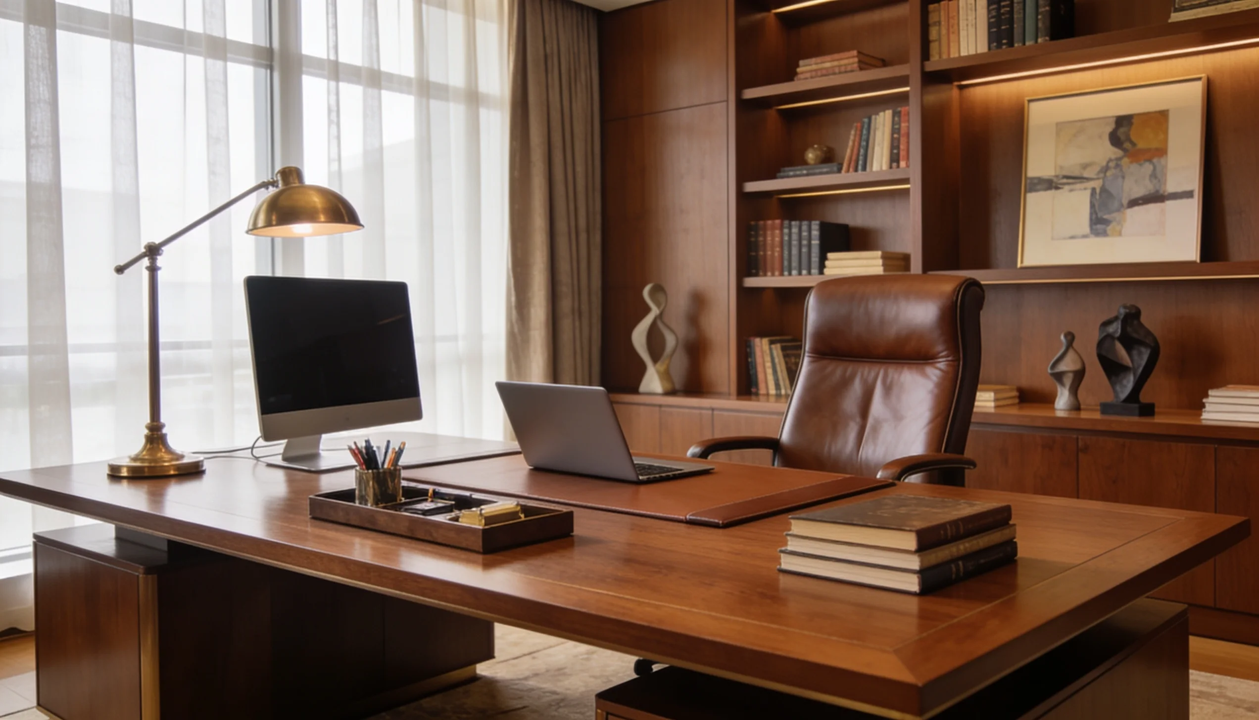 Luxurious executive office with a large wooden desk, leather chair, computer, and bookshelves.