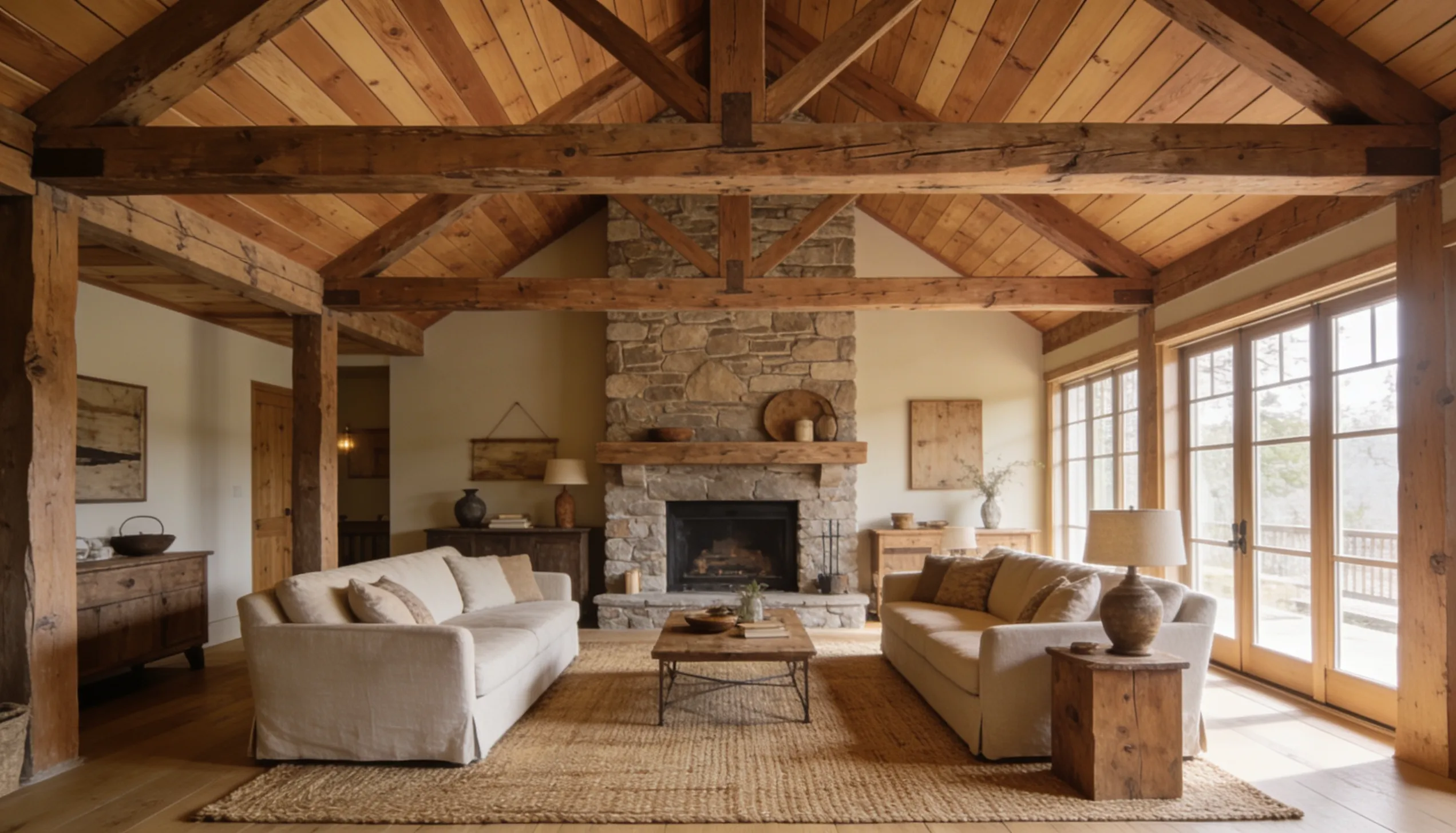 Rustic cathedral ceiling with exposed wood beams and stone fireplace
