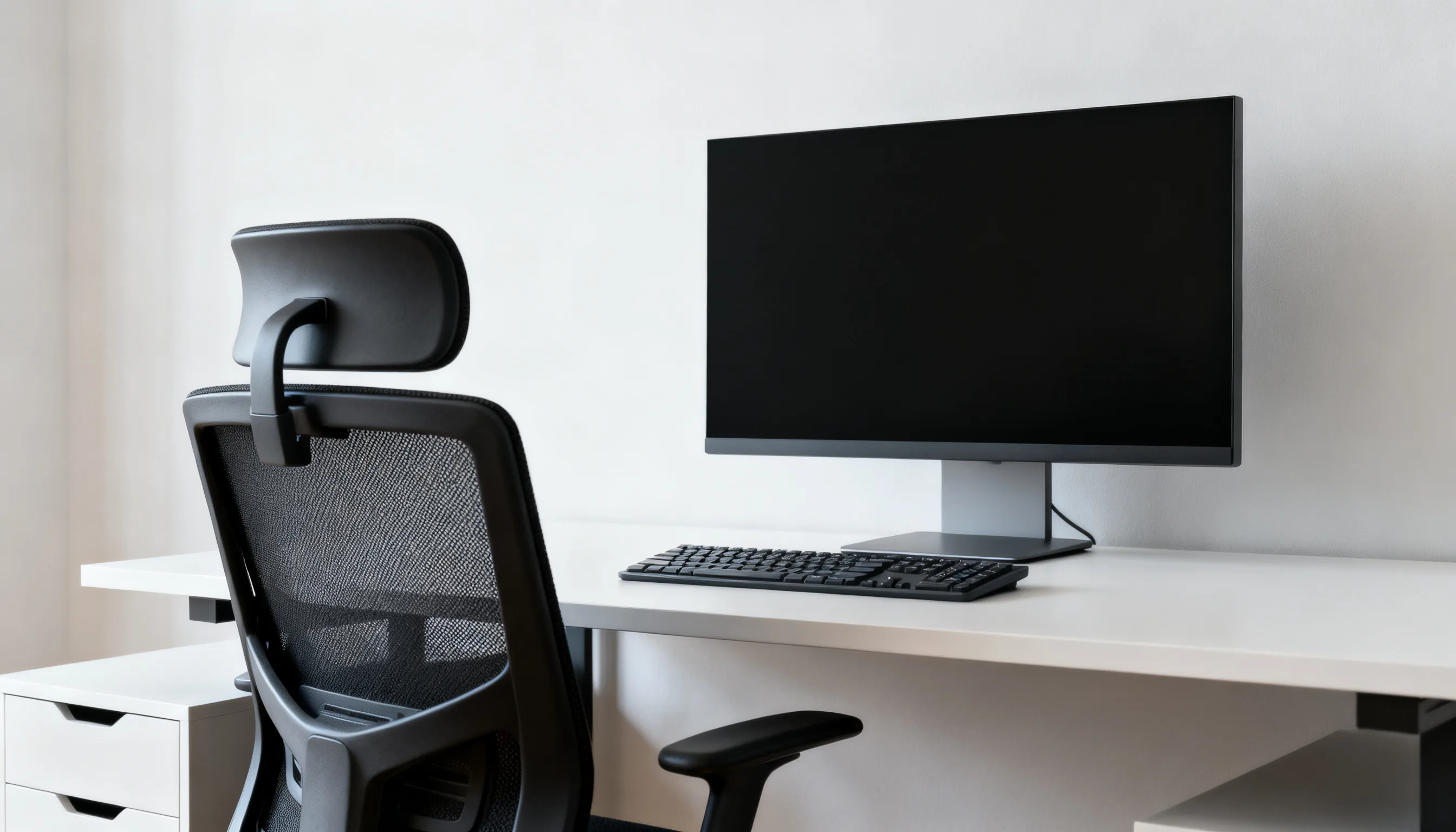 Black ergonomic office chair facing a minimalist desk with a computer monitor and keyboard.