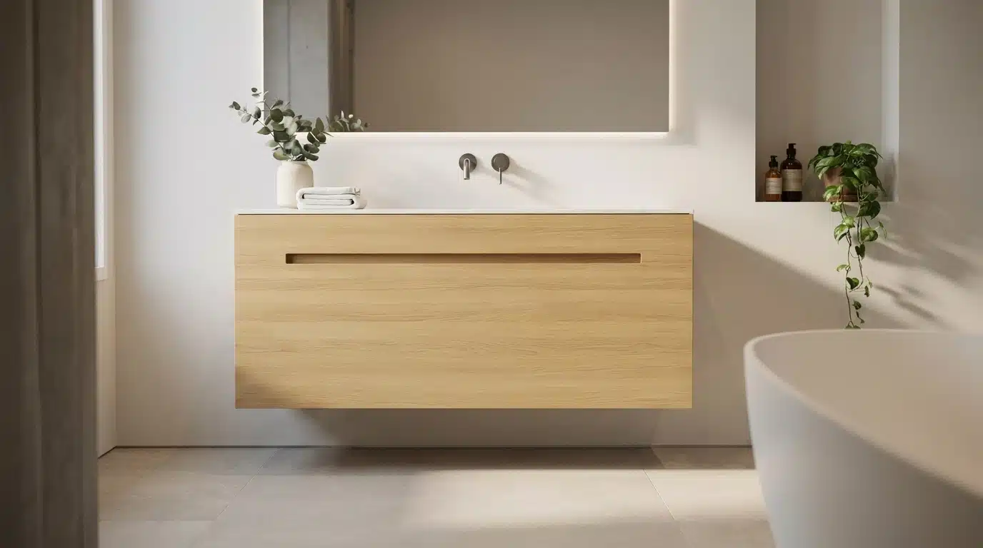 A modern floating wood bathroom vanity with a white countertop creates a sleek, minimalist look, complemented by a large backlit mirror and wall-mounted faucet.