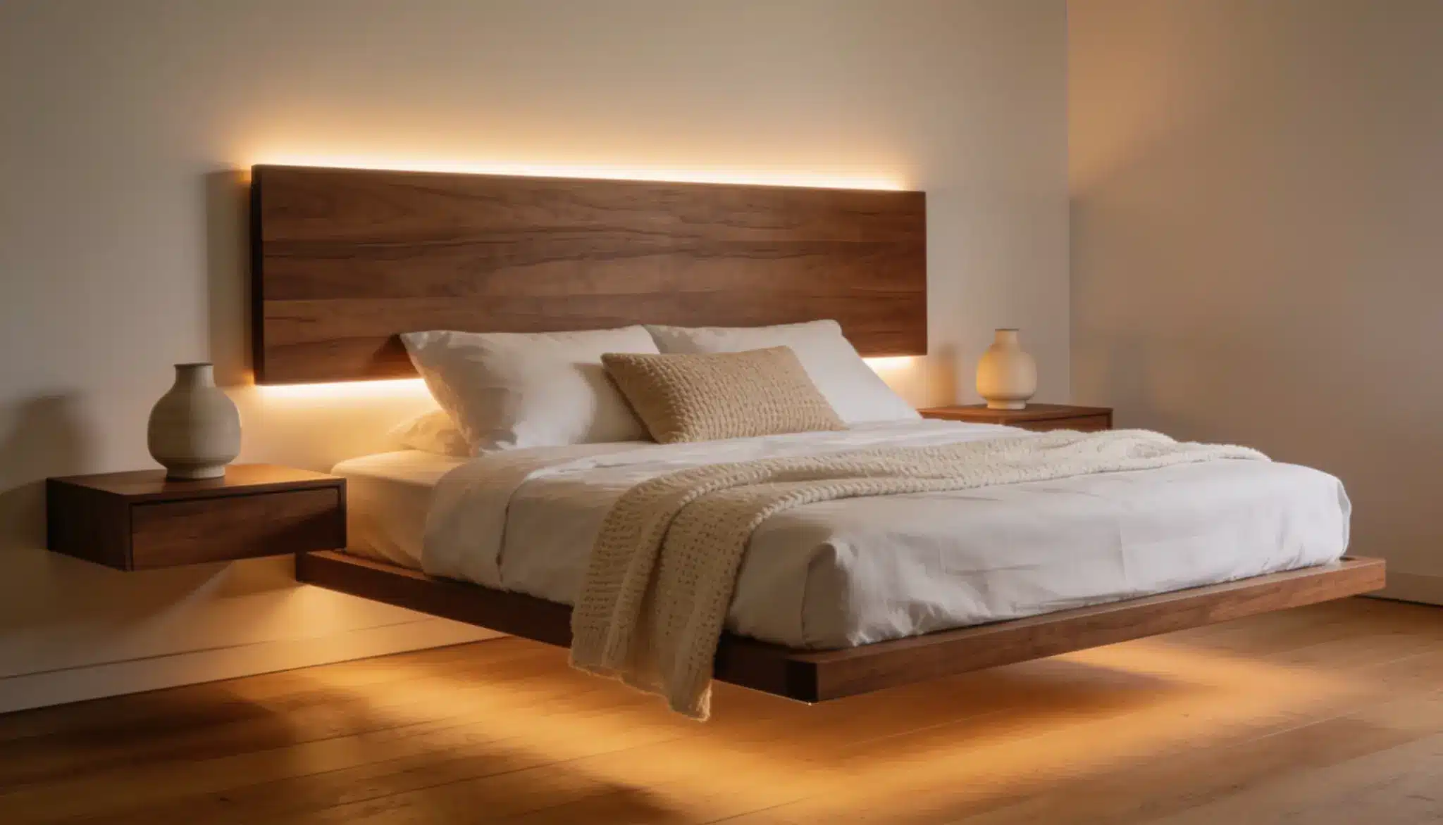 Floating wall-mounted wooden headboard with warm LED backlighting in a modern minimalist bedroom featuring white linen bedding and floating nightstands.