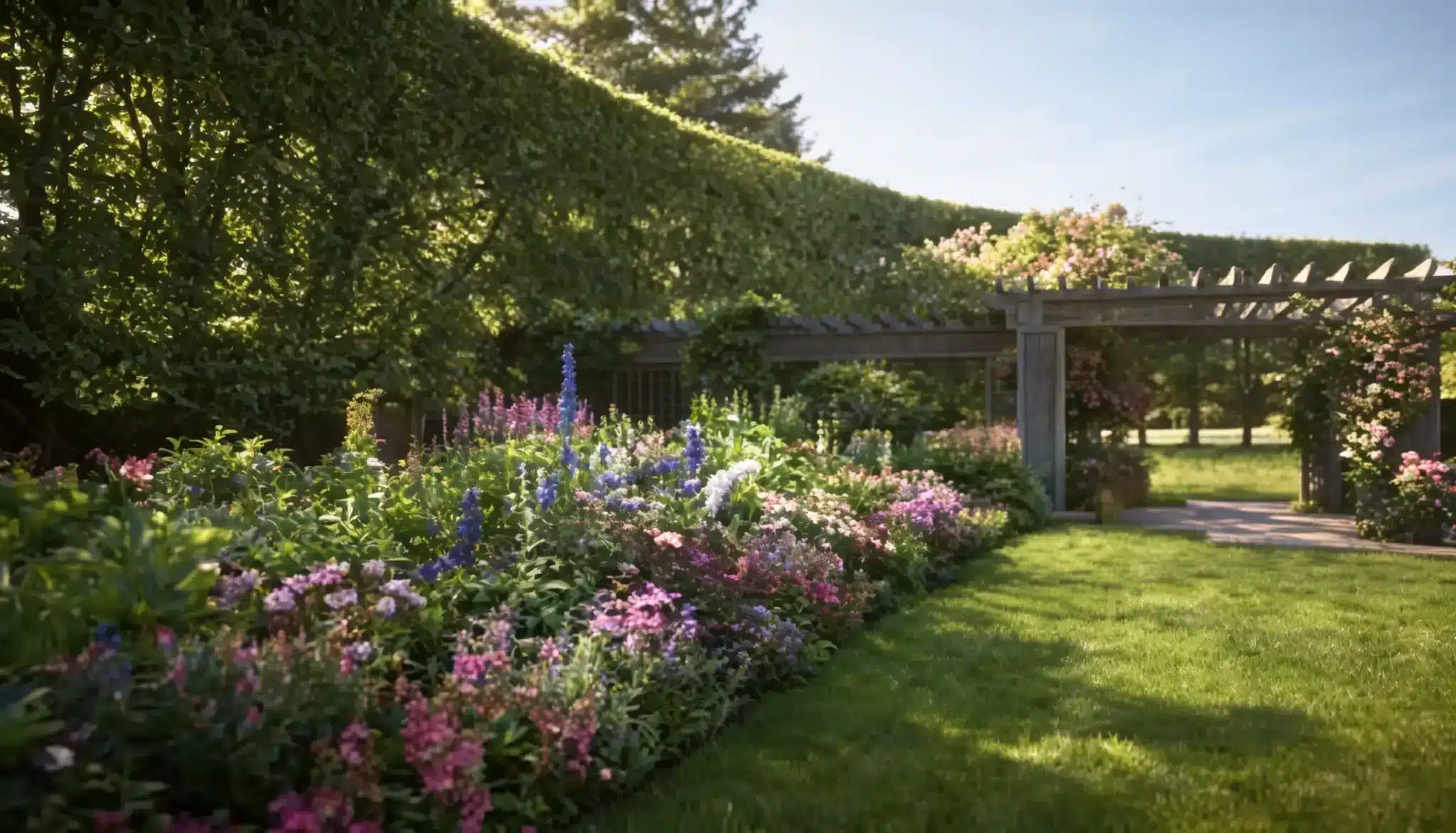 A lush garden with a profusion of pink and purple flowers leading to a wooden pergola under a bright blue sky.