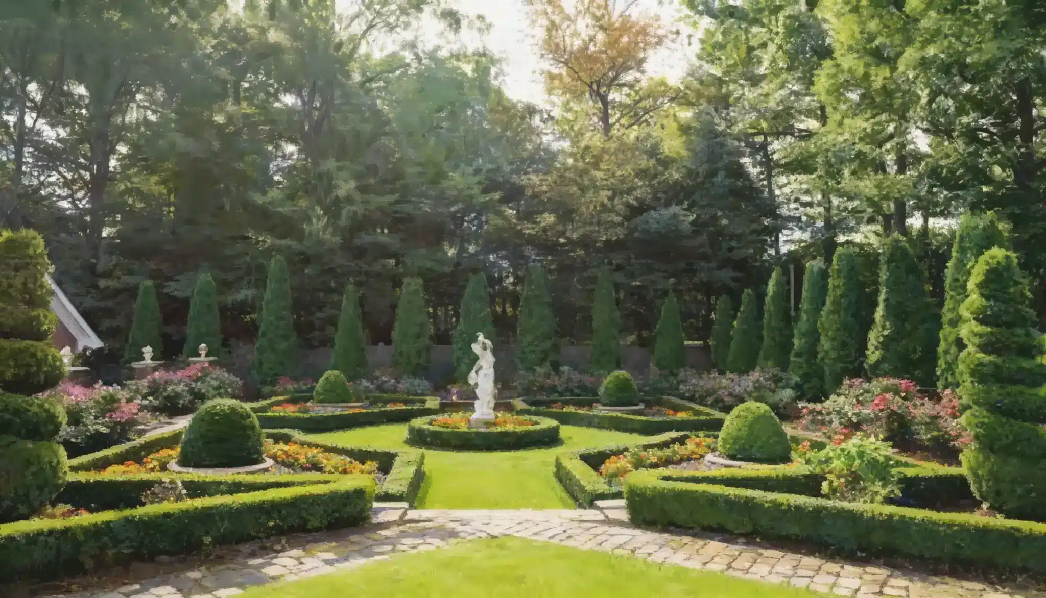 A formal garden features a central statue surrounded by manicured hedges, topiaries, flower beds, and a backdrop of tall evergreen trees.