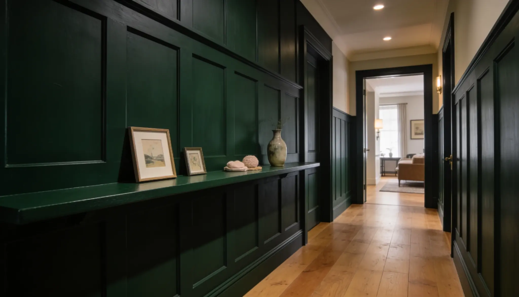 Hallway with dark green wainscoting, framed artwork, and a glimpse into a living room.