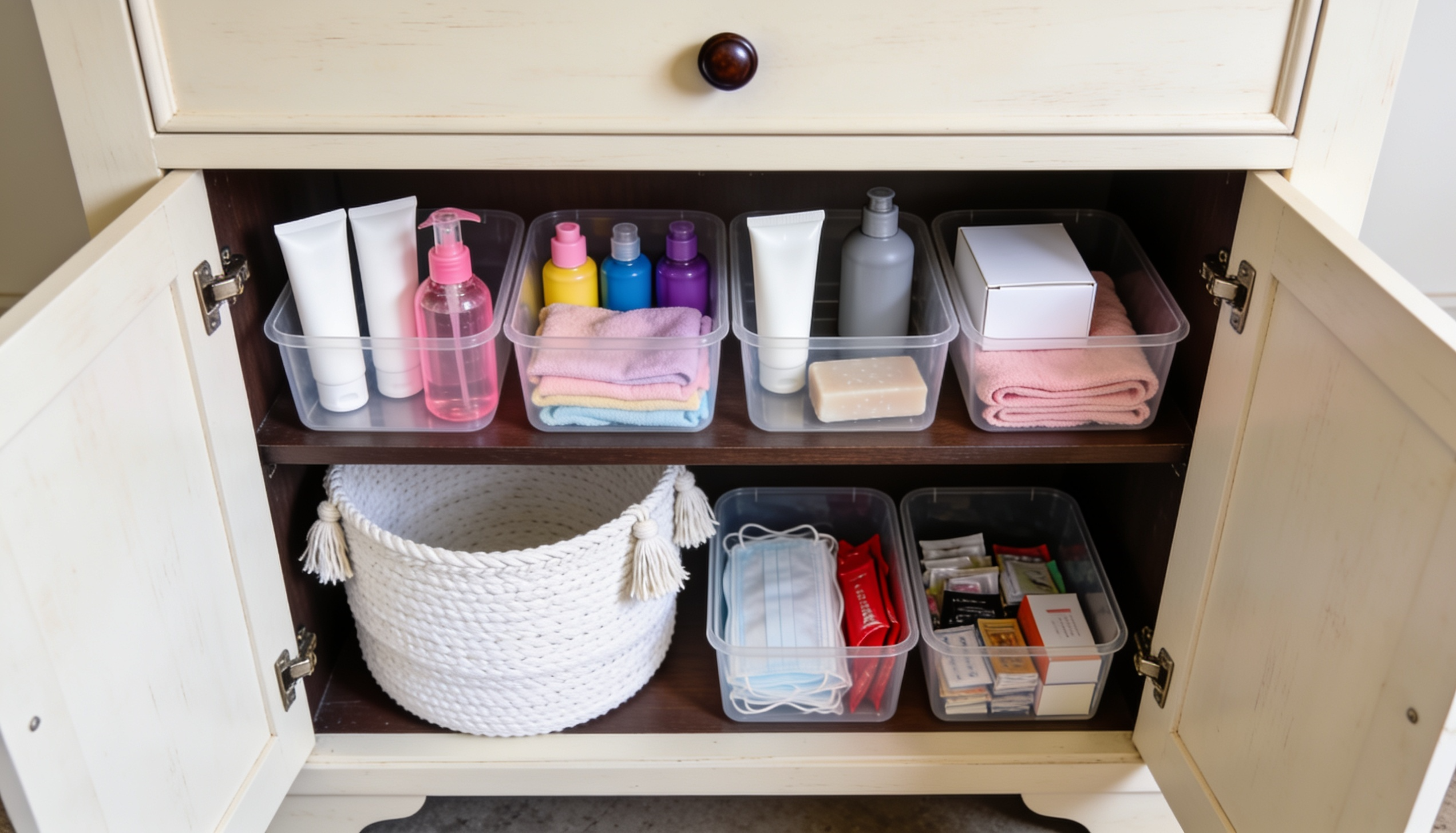 Bathroom cabinet organized with clear plastic bins holding lotions, soap, towels, and toiletries